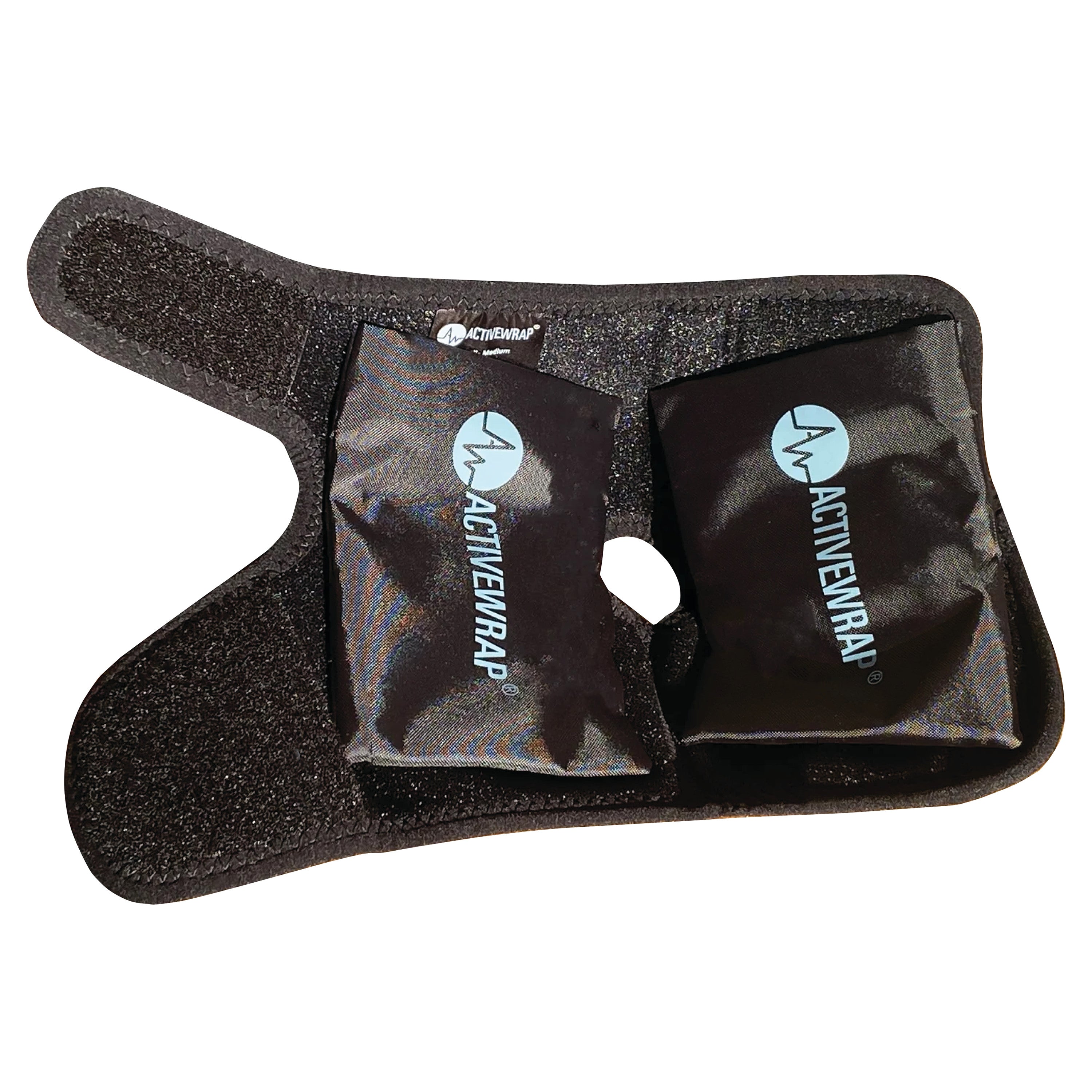 An ActiveWrap wrap with adjustable straps and two ice gel packs for therapeutic use, designed for pain relief and support.