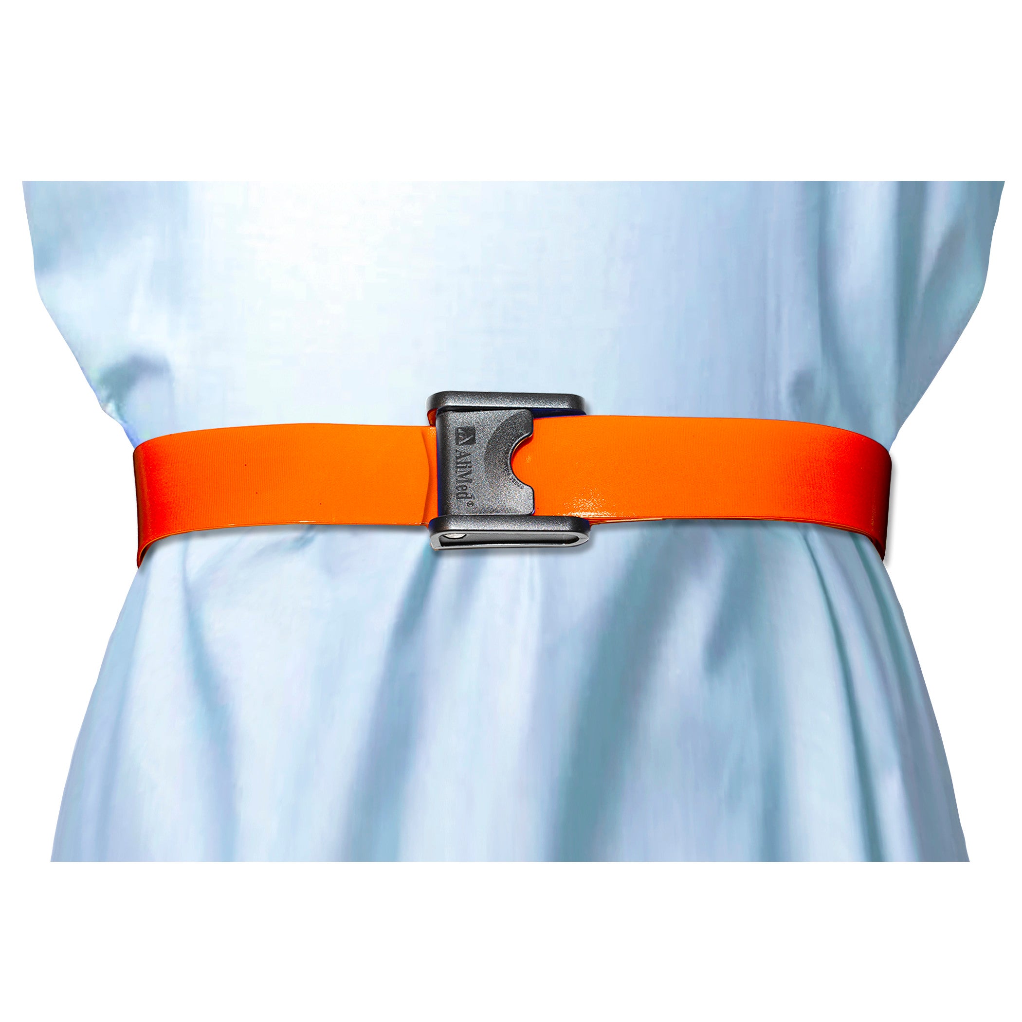 A person wearing an AliMed Antimicrobial Wipeable Gait Belt with CAM-Style Buckle, which is bright orange with a metal clasp.