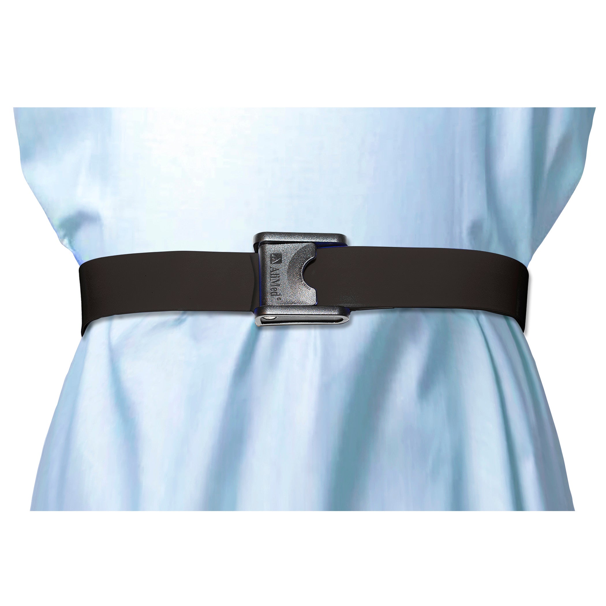 AliMed Antimicrobial Wipeable Gait Belt with CAM-Style Buckle fastened over a light blue garment, showcasing a black strap and metallic clasp.
