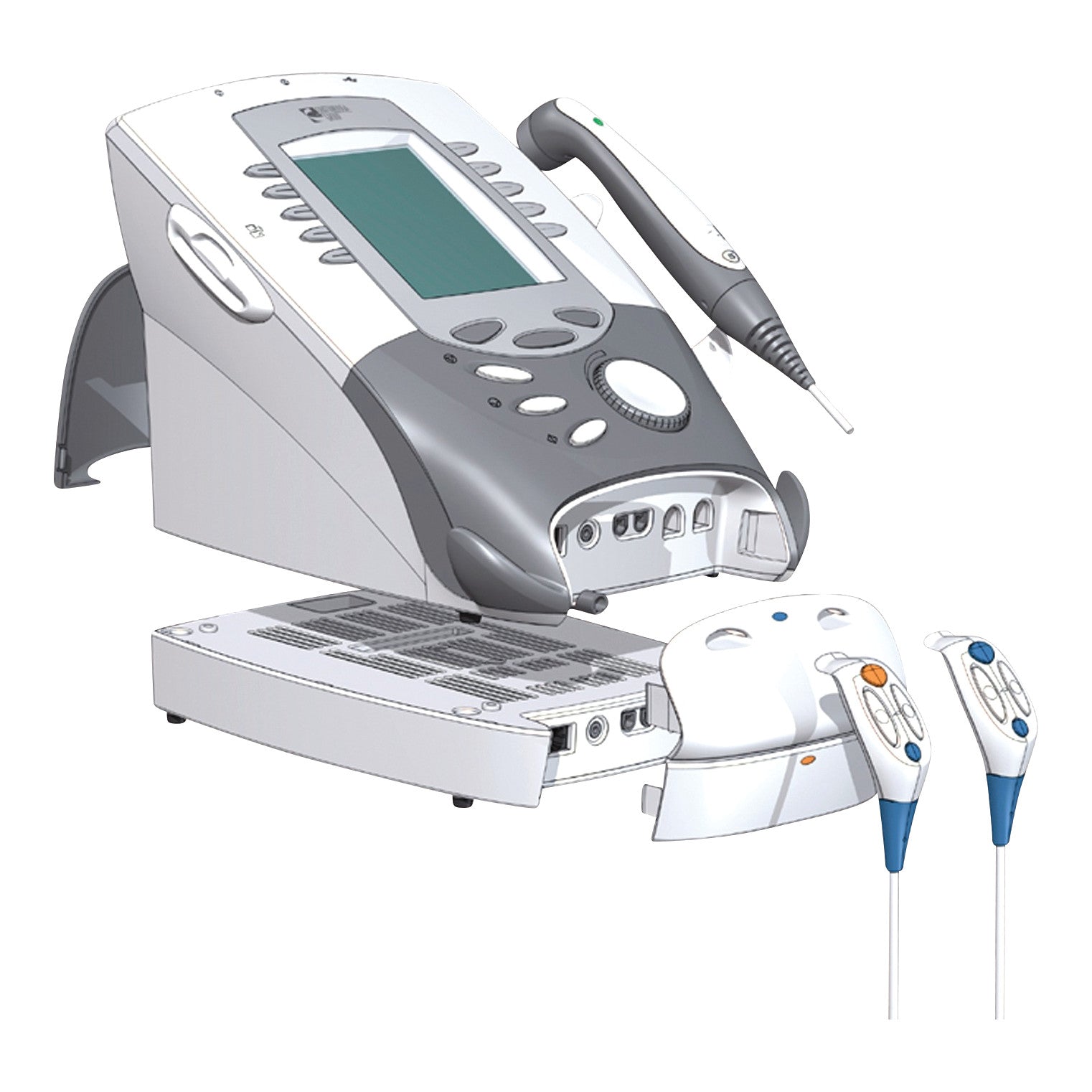 The Chattanooga Intelect Legend XT Electrotherapy System features a main unit, probes, and accessories for therapeutic use.