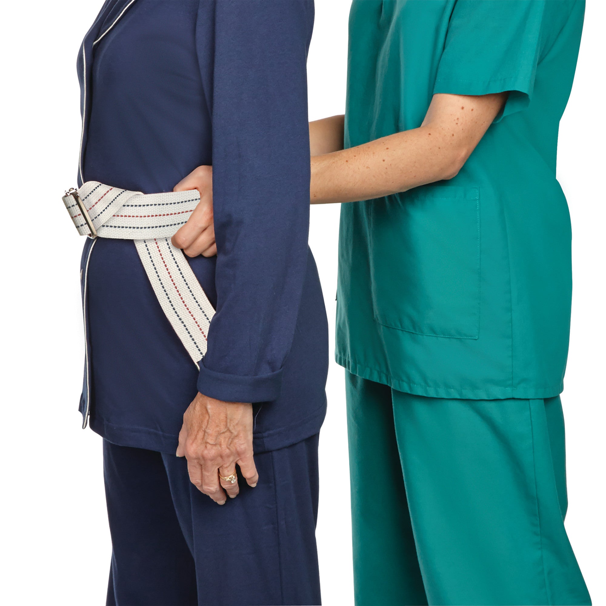 A caregiver assists a person using an AliMed Gait Belt in a hospital setting for mobility support.