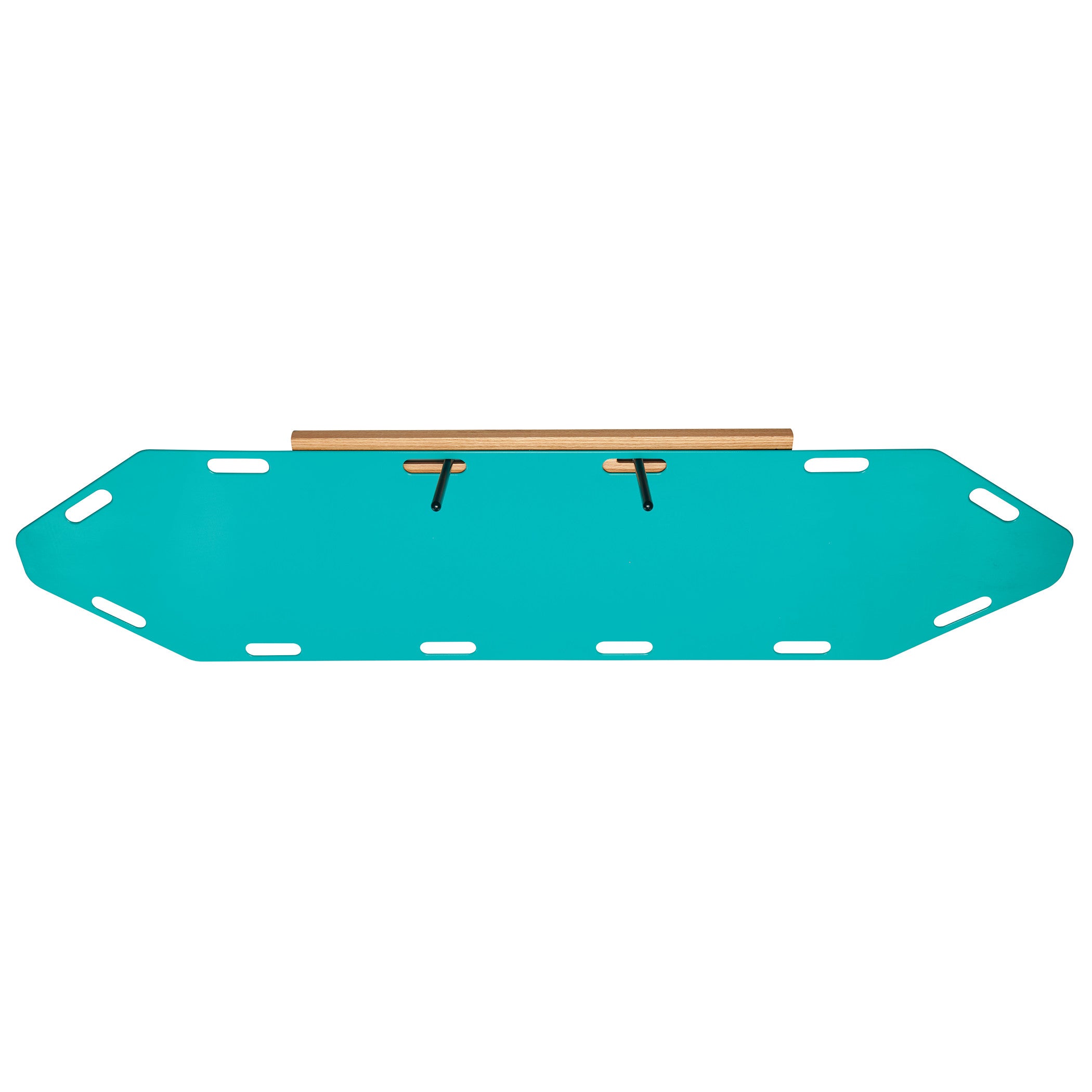 The AliMed Shifter Storage Wall Hanger is mounted on a teal board with multiple slots and two hooks for secure storage.