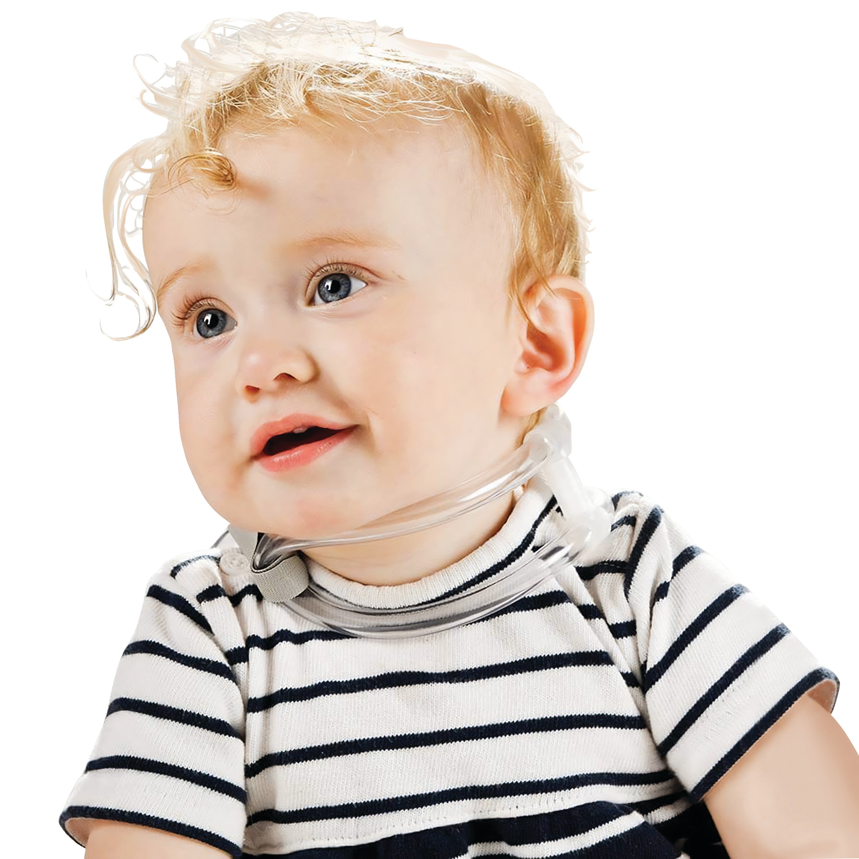 A baby wearing a Torticollis (TOT) Collar over a striped shirt against a white background.