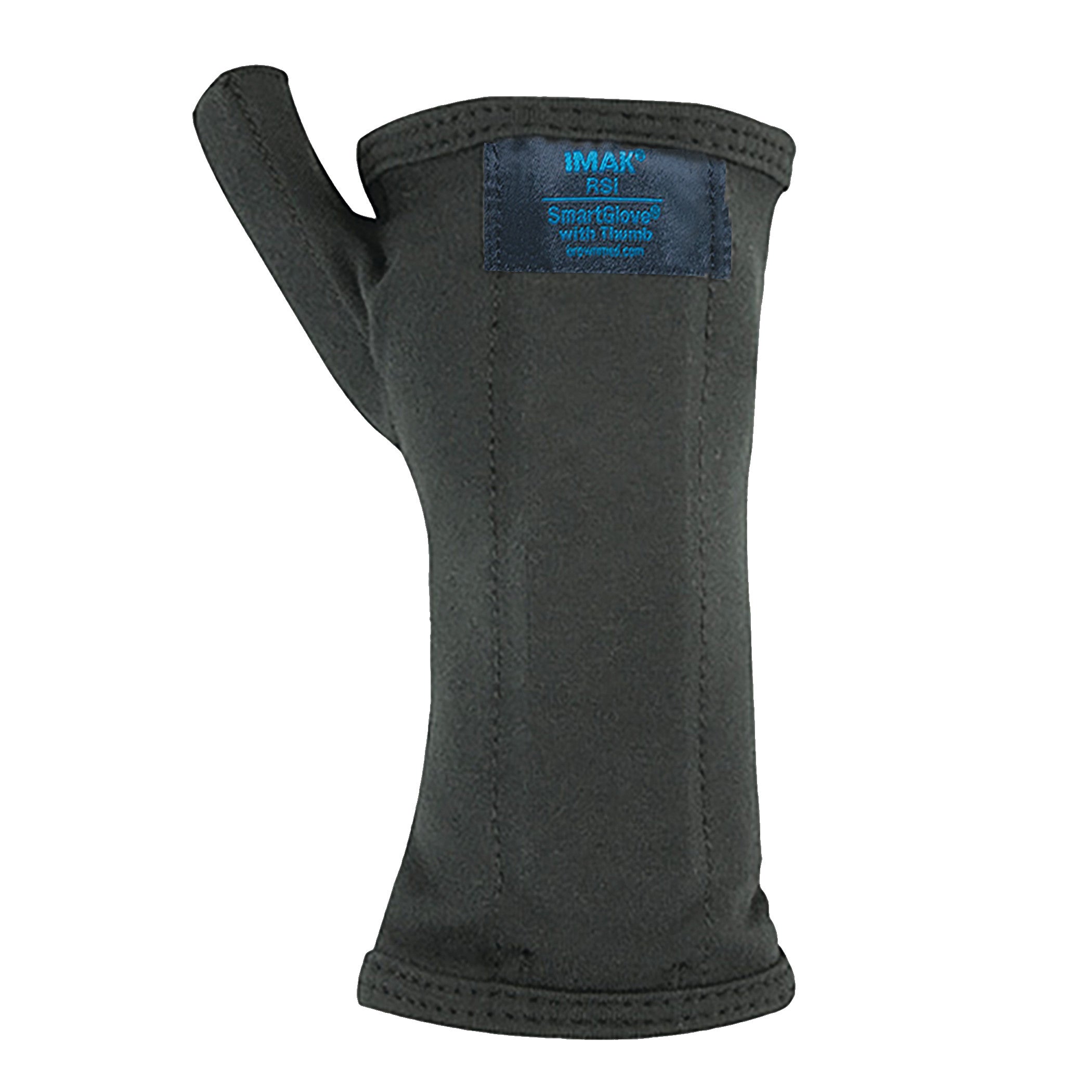 The Brownmed IMAK RSI SmartGlove with Thumb is a black ergonomic glove designed to provide comfort and support for the wrist and thumb.