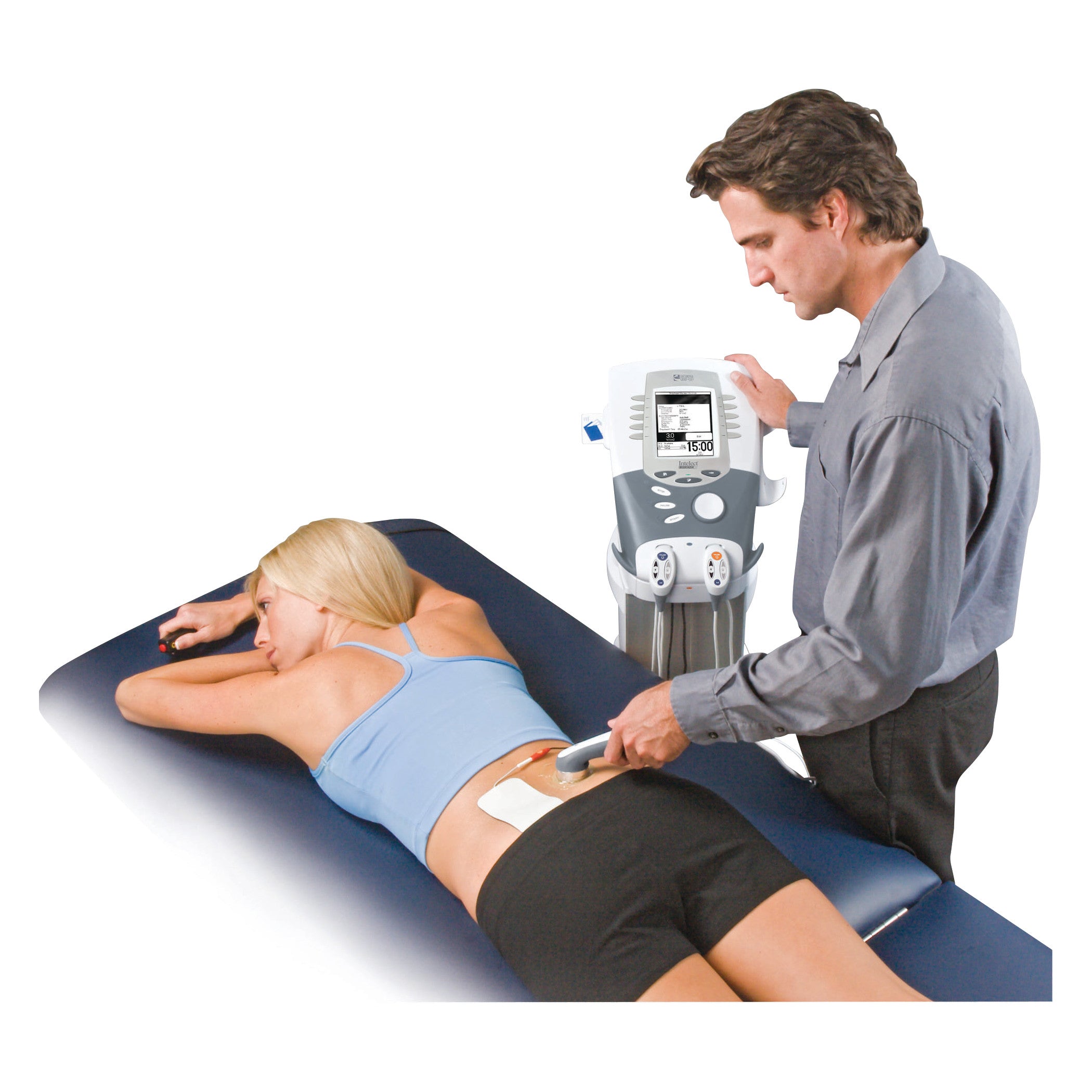 A person uses the Chattanooga Intelect Legend XT 4-Channel Electrotherapy/Ultrasound System with Cart on a patient's back.