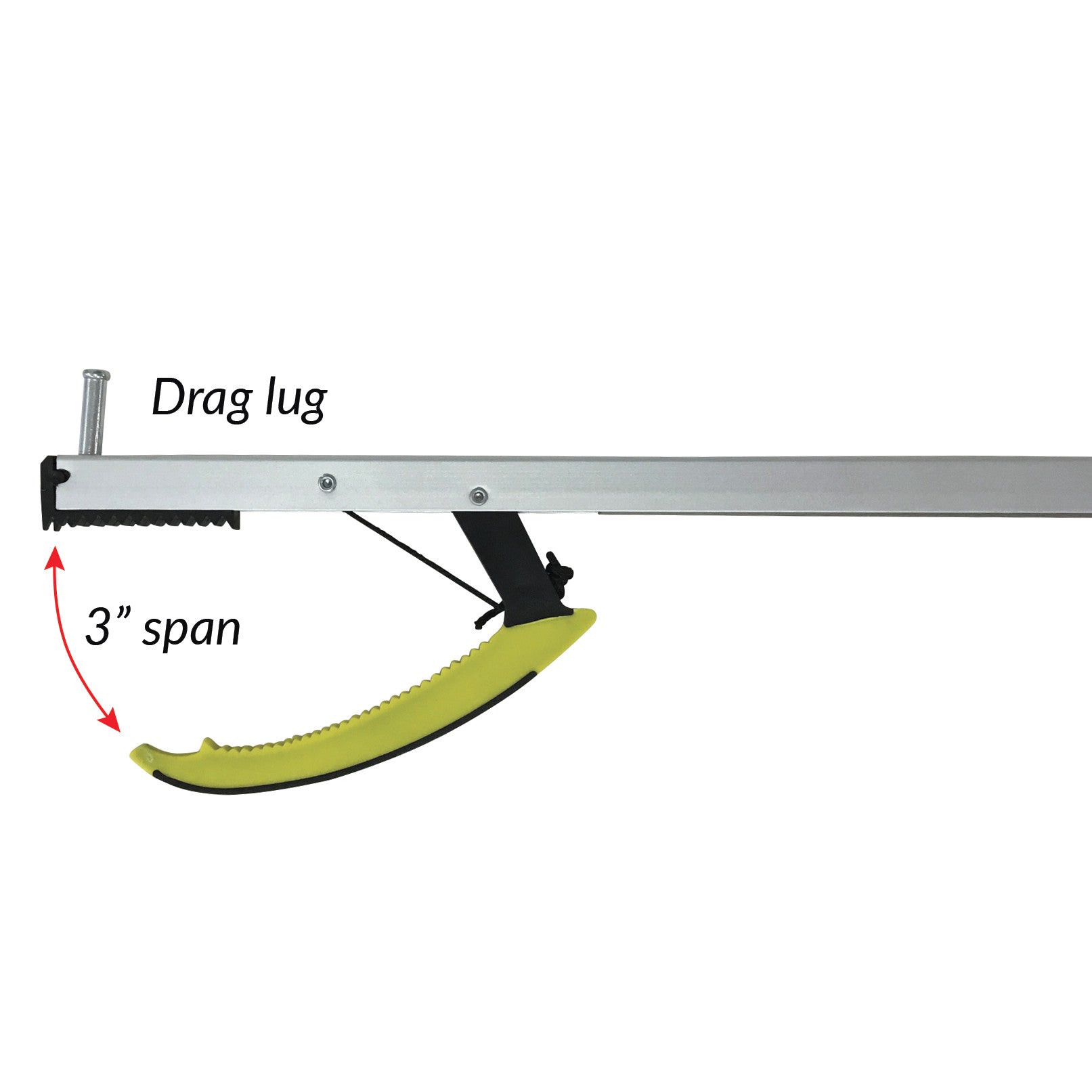 The AliMed Economy Reacher is shown with a yellow grip, labeled "Drag lug," and indicating a 3-inch span between components.