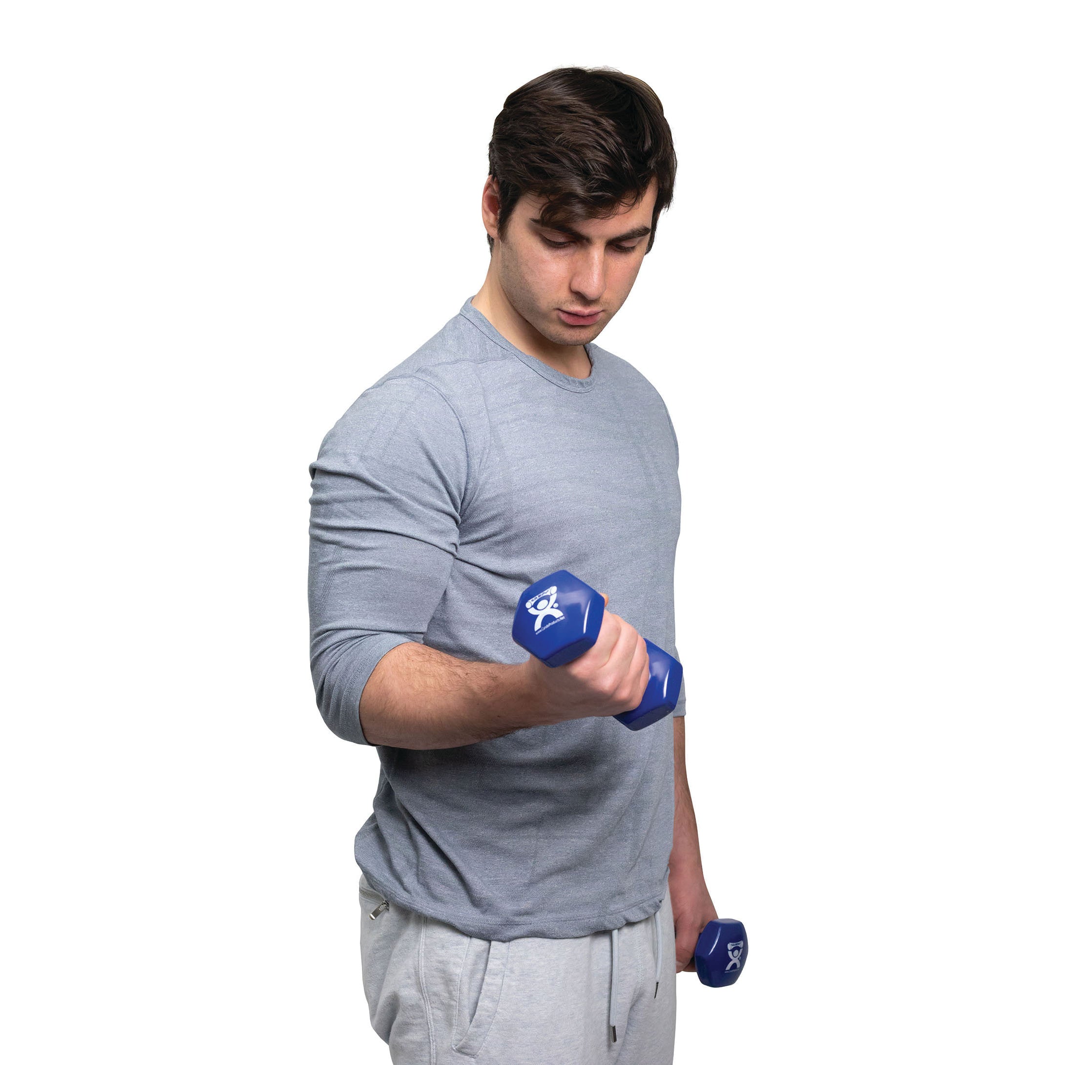 A man in a gray shirt and sweatpants lifts a blue CanDo Vinyl-Coated Dumbbell in each hand against a white background.