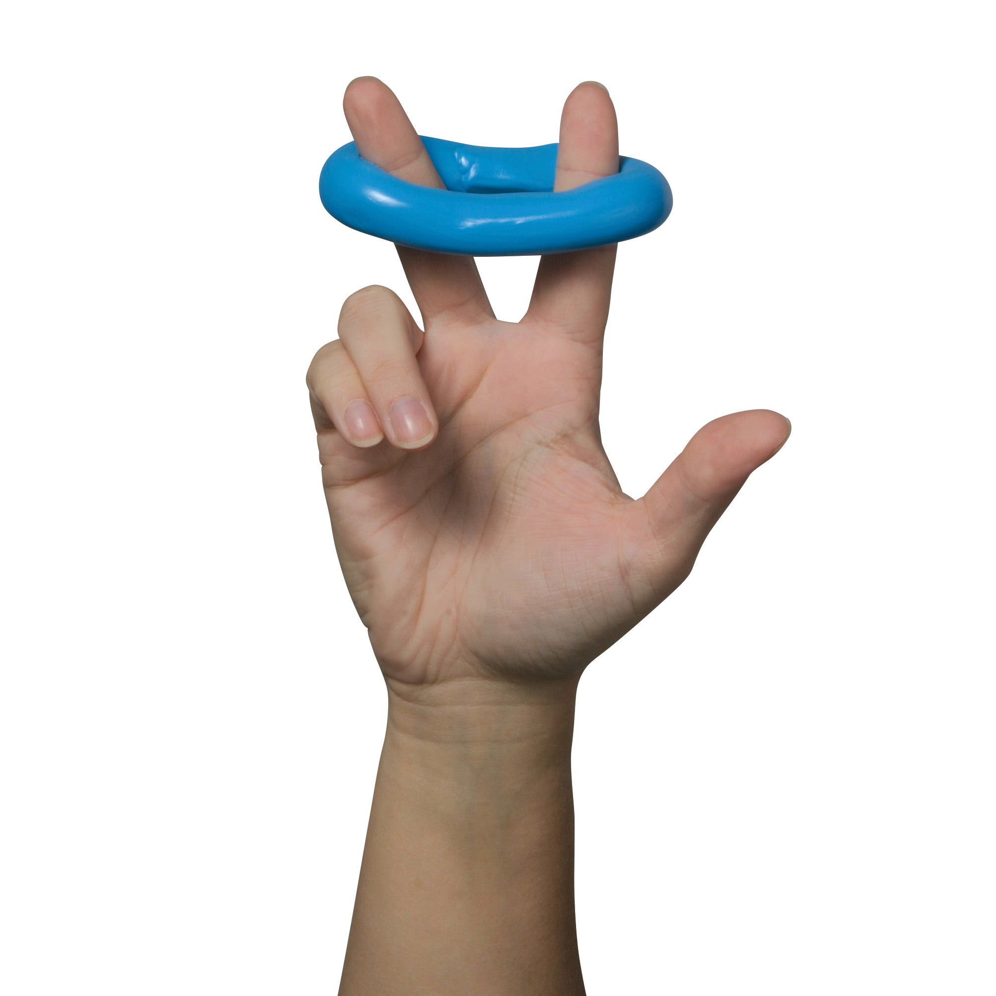 A hand holding blue AliMed Color-Coded Therapy Putty, with fingers stretching and manipulating it against a white background.