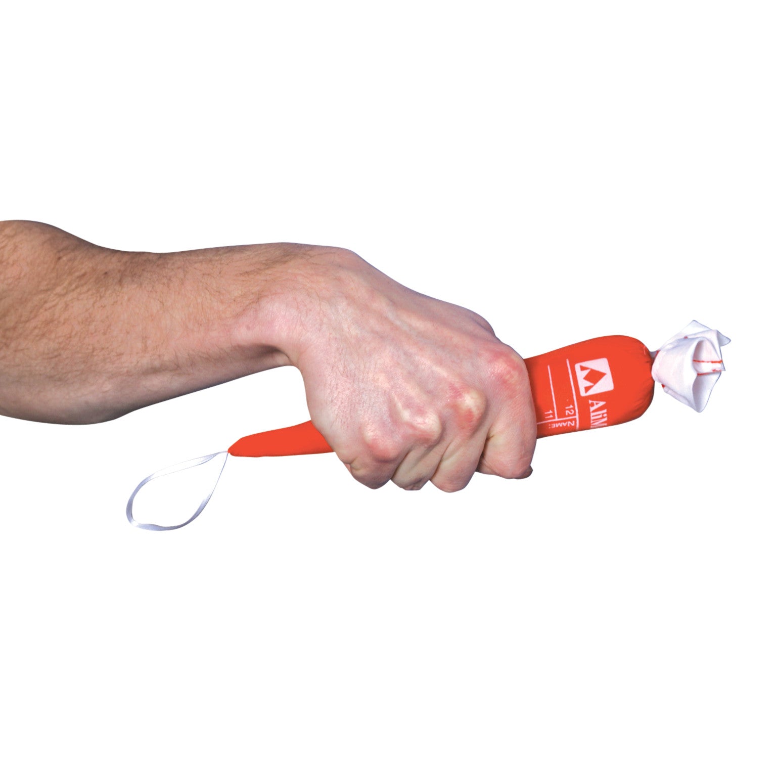 A person gripping a Replacement Carrot for AliMed Original Therapy Carrot Hand Contracture Orthosis Kit, featuring a loop for secure handling.