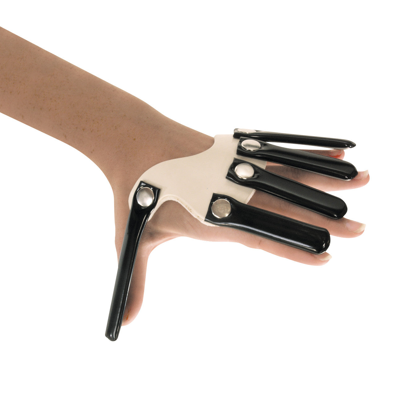 A hand wearing an AliMed Hand-Based Radial Nerve Splint, featuring black metal supports and a white base with snaps.