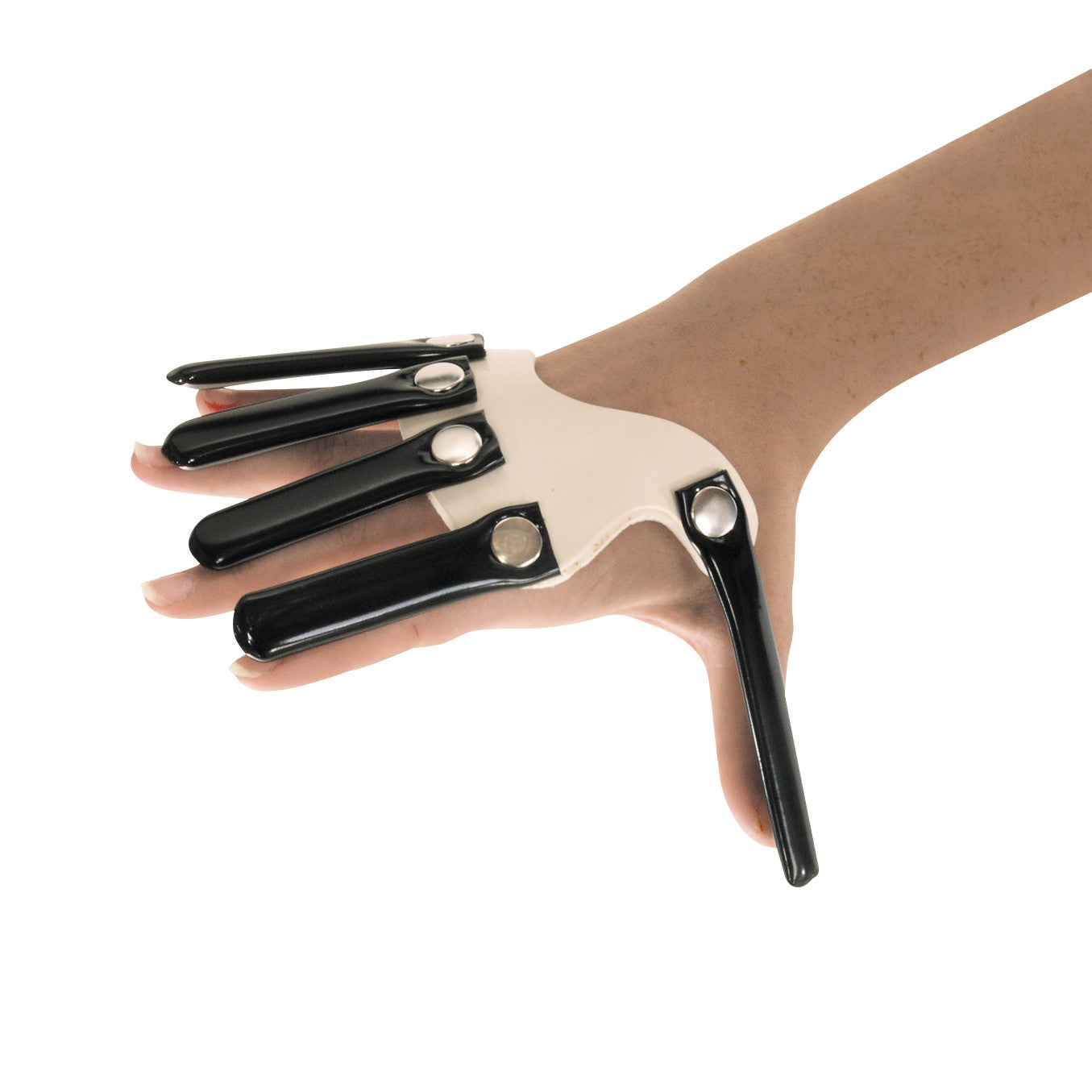 A hand wearing an AliMed Hand-Based Radial Nerve Splint with black straps and metal fasteners covering the fingers and palm.