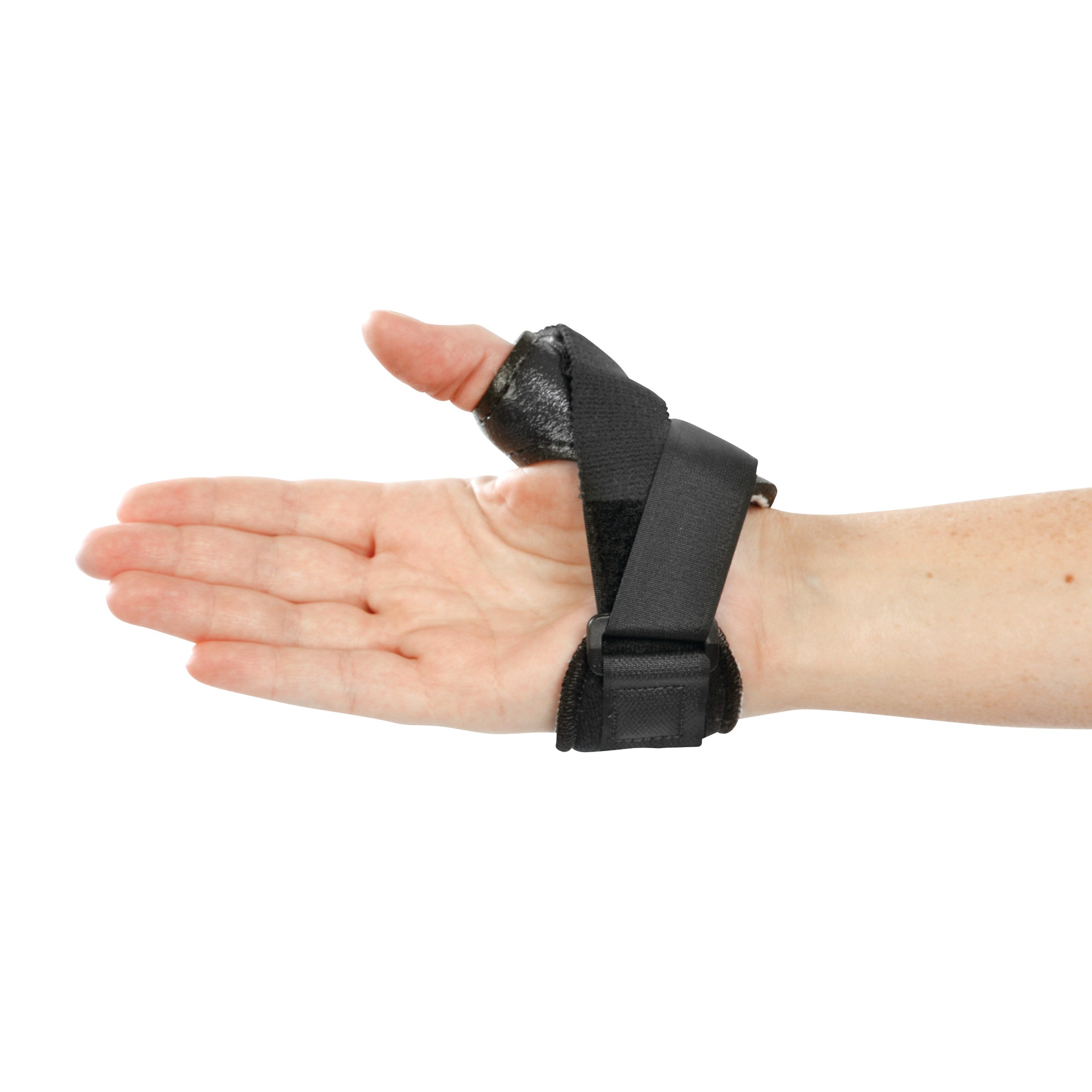 A hand wearing the AliMed FREEDOM Thumb Stabilizer, supporting the thumb with black straps and fabric. The palm is facing up.