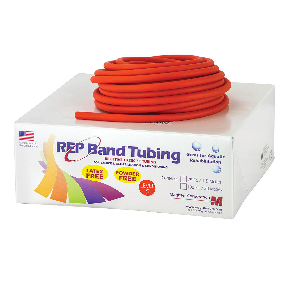 REP Band Non-Latex Tubing in orange, coiled on a white box, designed for exercise and rehabilitation, labeled latex and powder free.