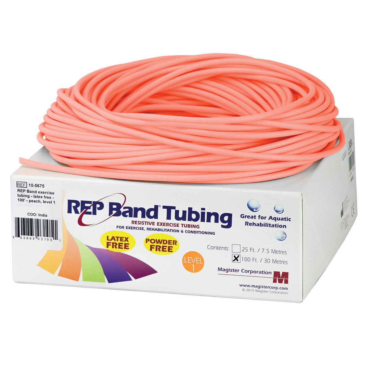 REP Band Non-Latex Tubing in peach coiled on a box, labeled for exercise, rehabilitation, and is latex and powder-free.