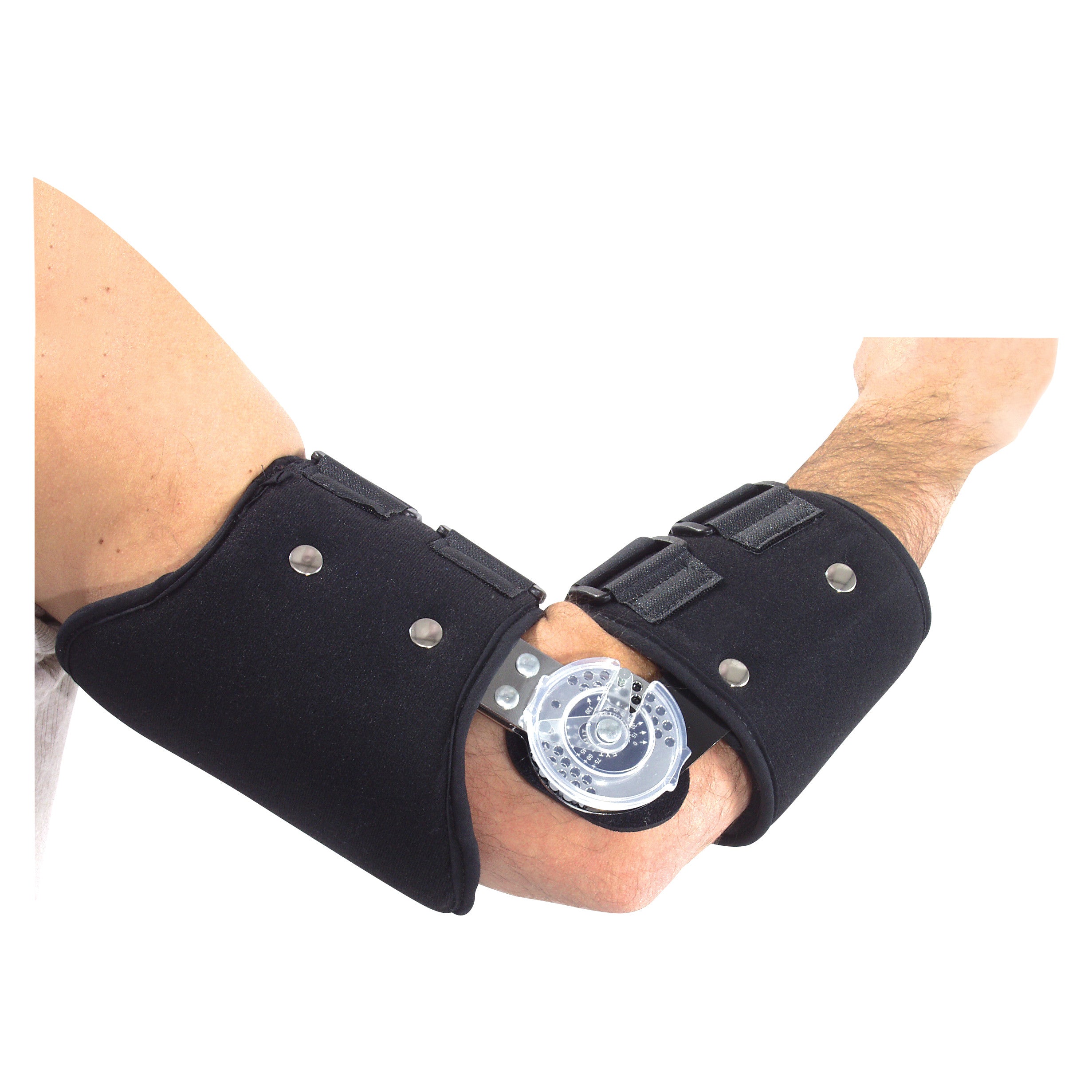 A person wears an AliMed FREEDOM comfort ROM Elbow Brace, displaying its adjustable mechanism and black padded support.