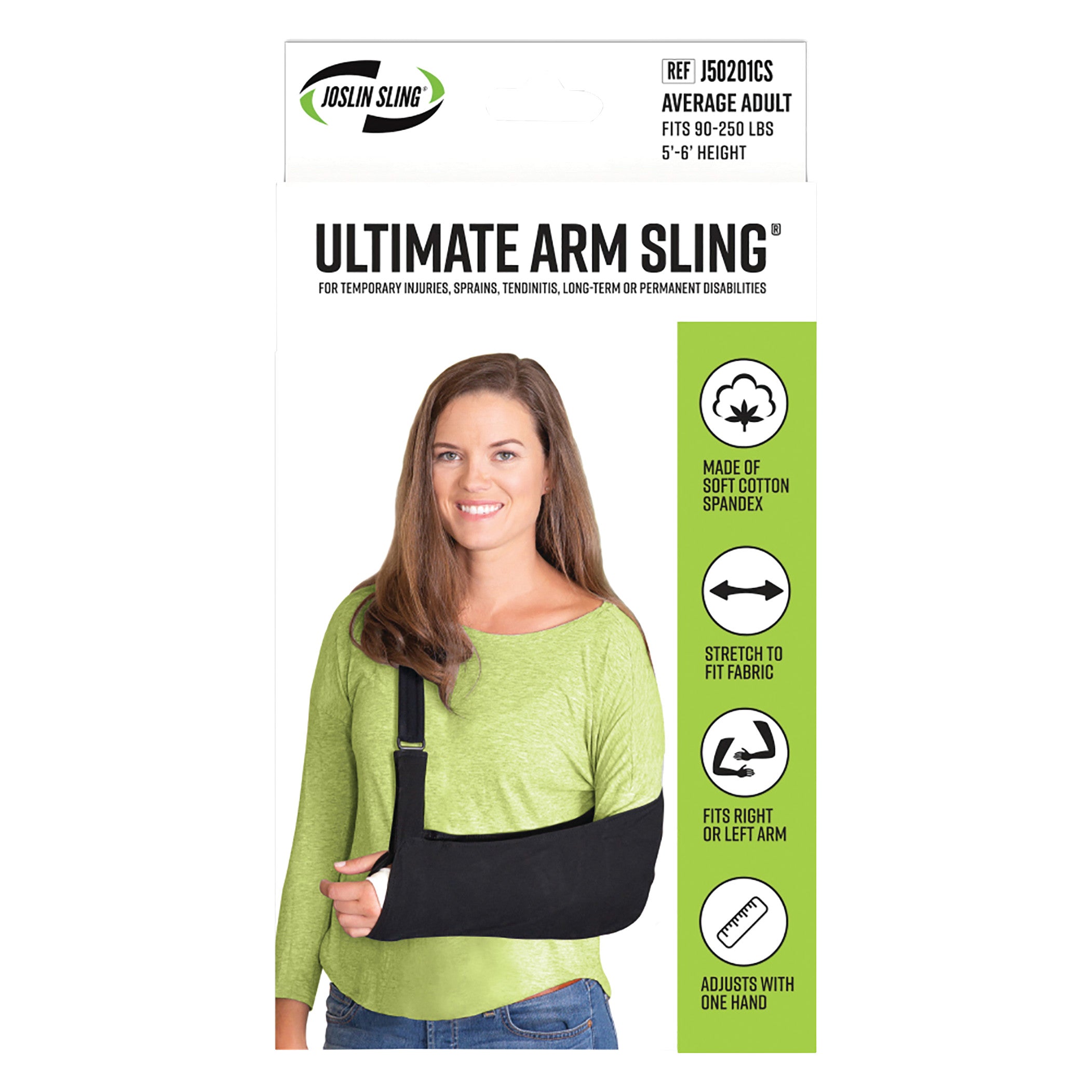 A woman wears a Brownmed Joslin Ultimate Arm Sling, made of soft cotton-spandex and adjustable.