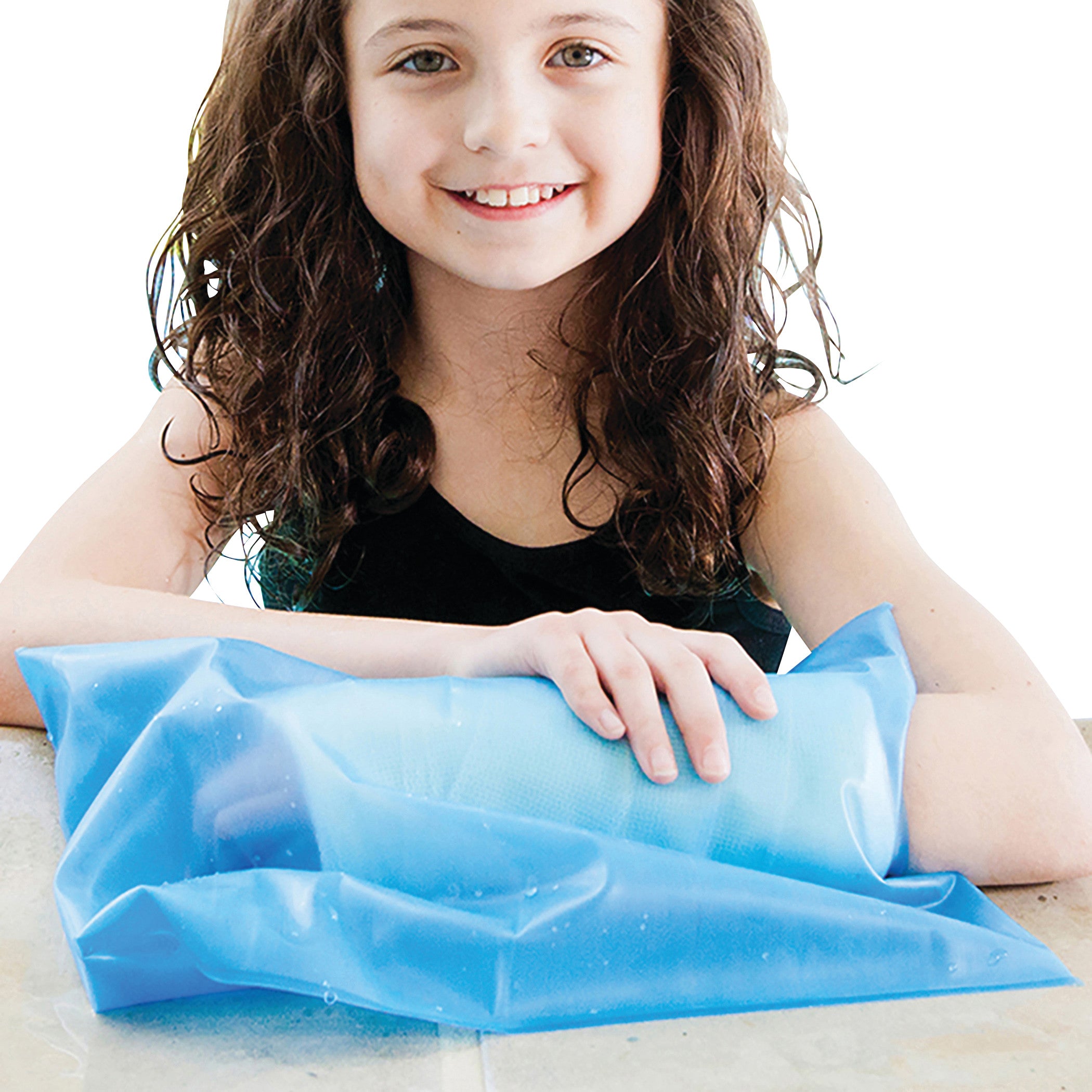 A smiling child uses a Brownmed SEAL-TIGHT Sport Cast Protector, a blue waterproof cover, on her arm.