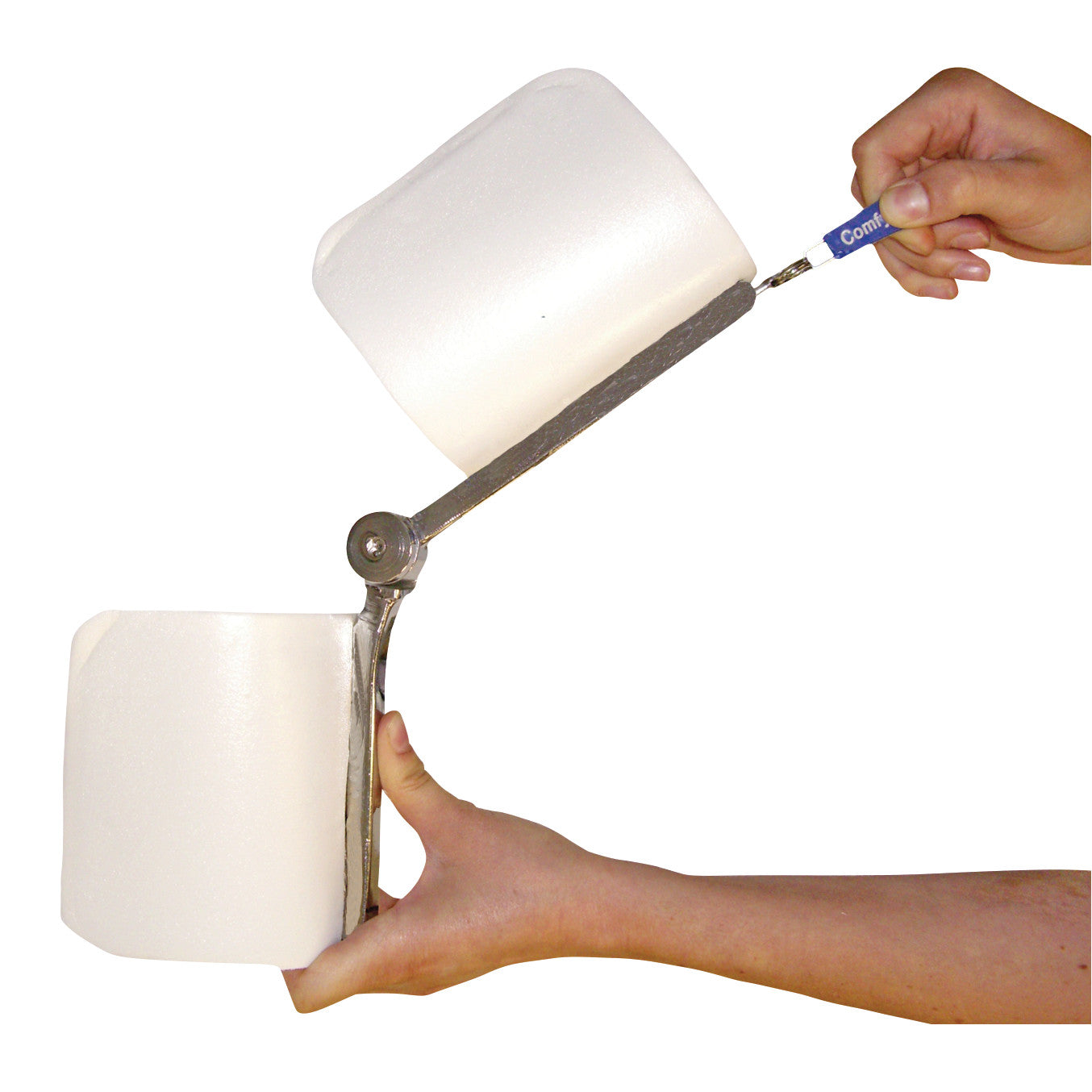 Hands adjusting a Comfy Splints Adult Locking Knee Orthosis with white pads and metal components, showing its bending mechanism.