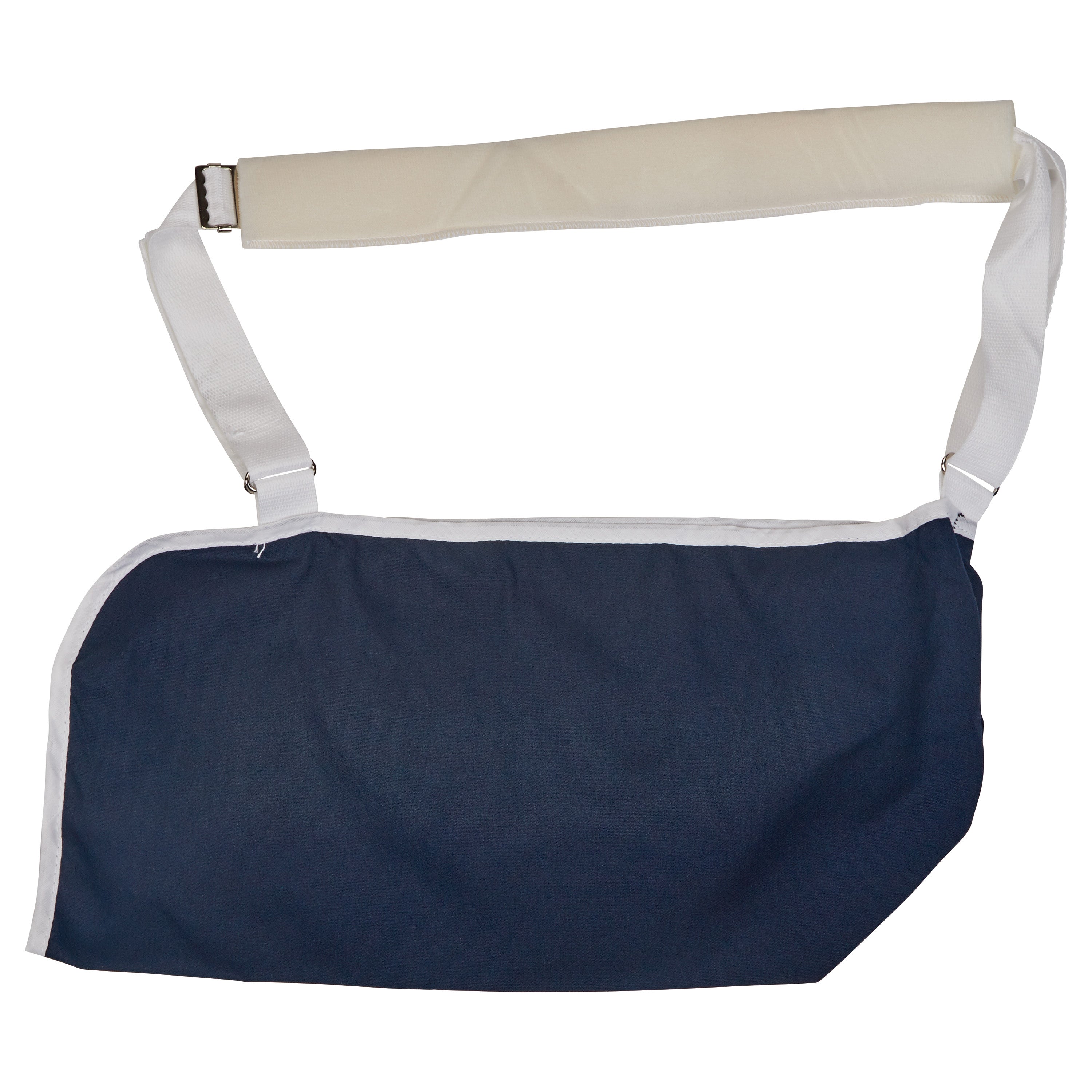 The AliMed Deluxe Envelope Style Arm Sling features a navy fabric with white trim and an adjustable white shoulder strap.