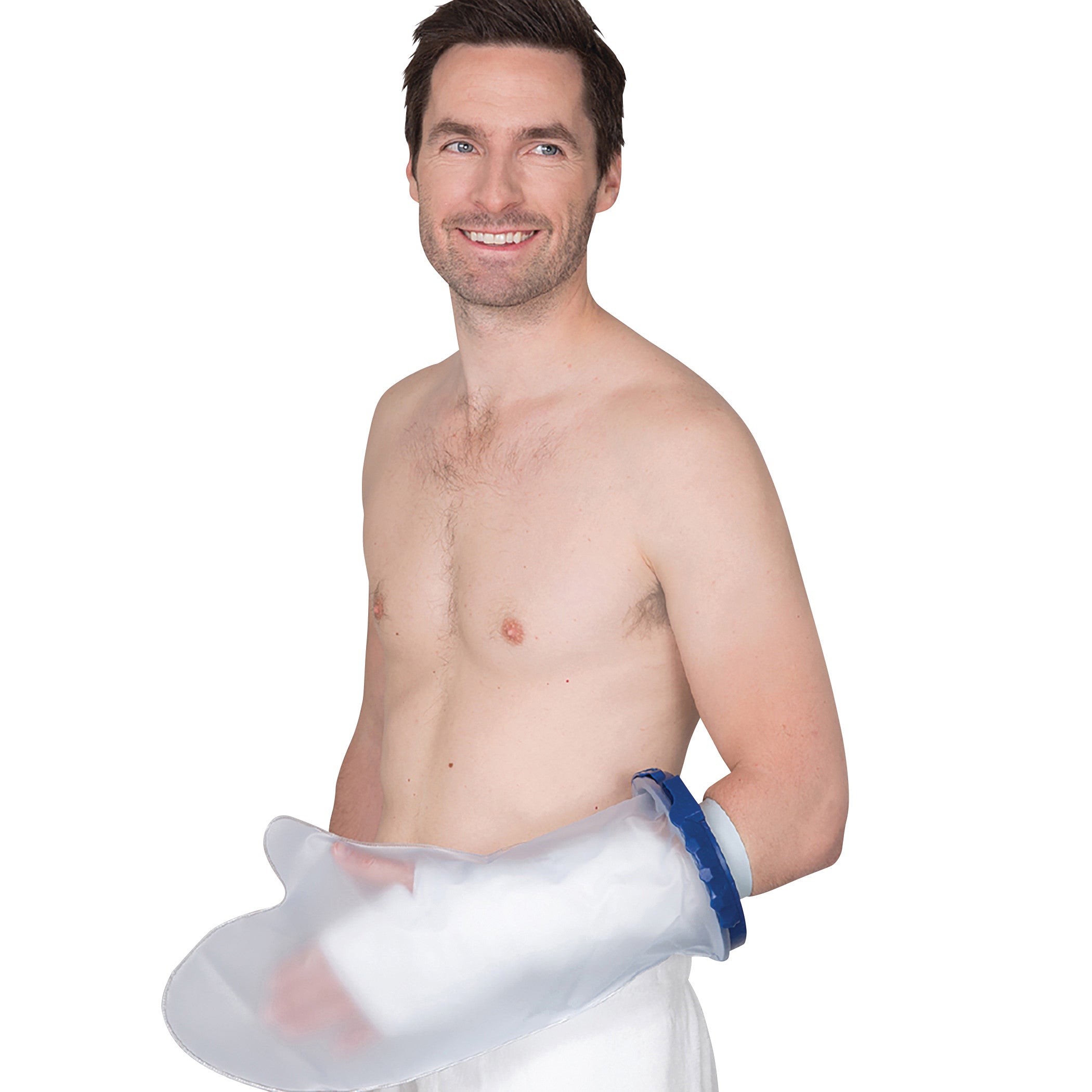 A shirtless man wears a Brownmed SEAL-TIGHT Infinity Cast Protector on his arm, showing its waterproof covering with a blue seal.