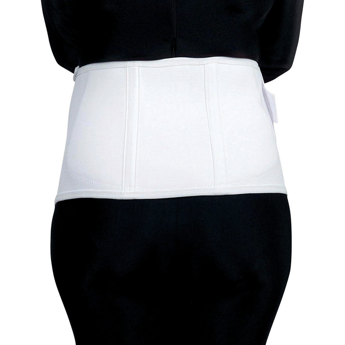 A person wears the Embrace Ultimate Support Maternity Belt,  showing its wide, adjustable white band around the waist.