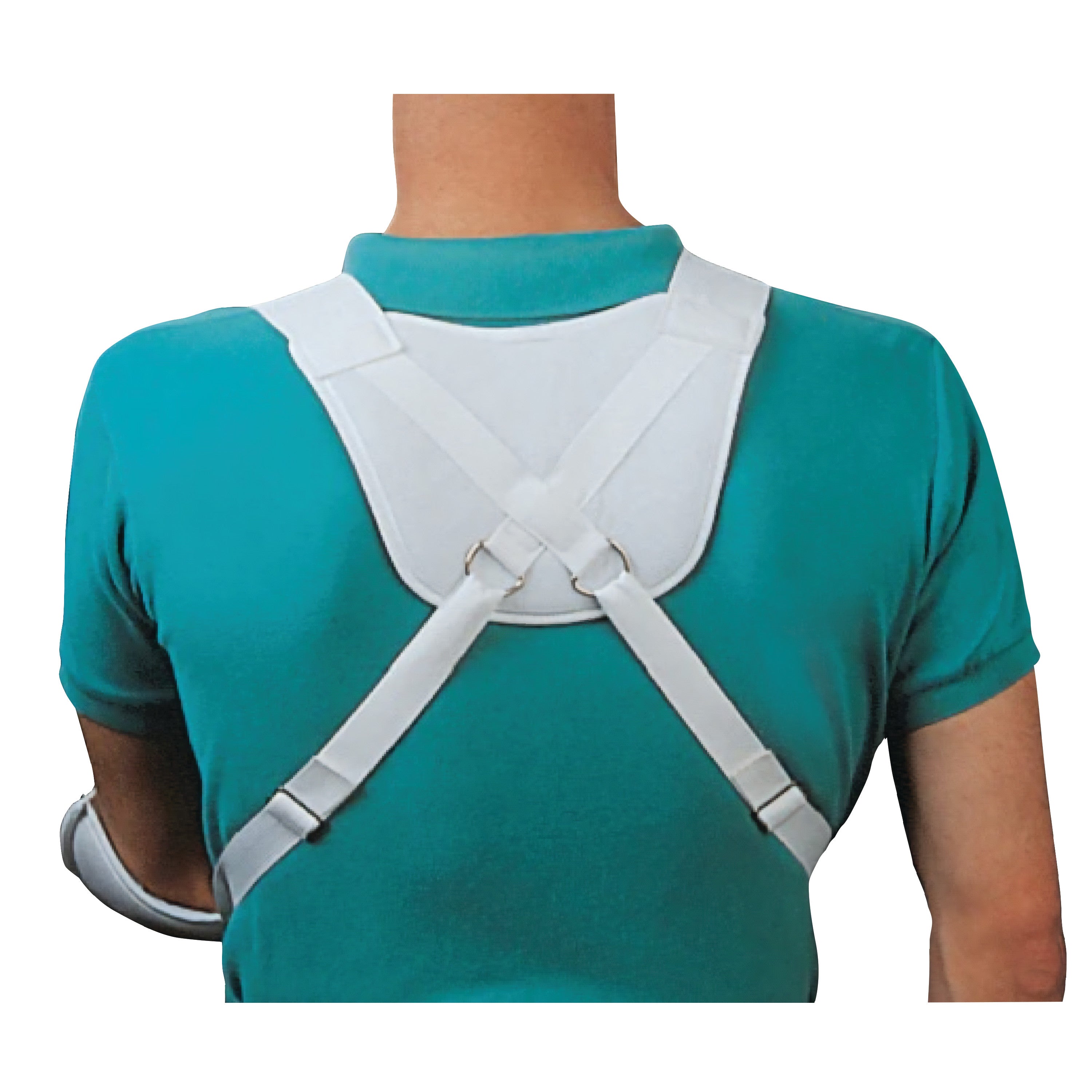 A person wearing a Harris Hemi-Arm Sling, showing the back view. The white straps cross over the back on a teal shirt.