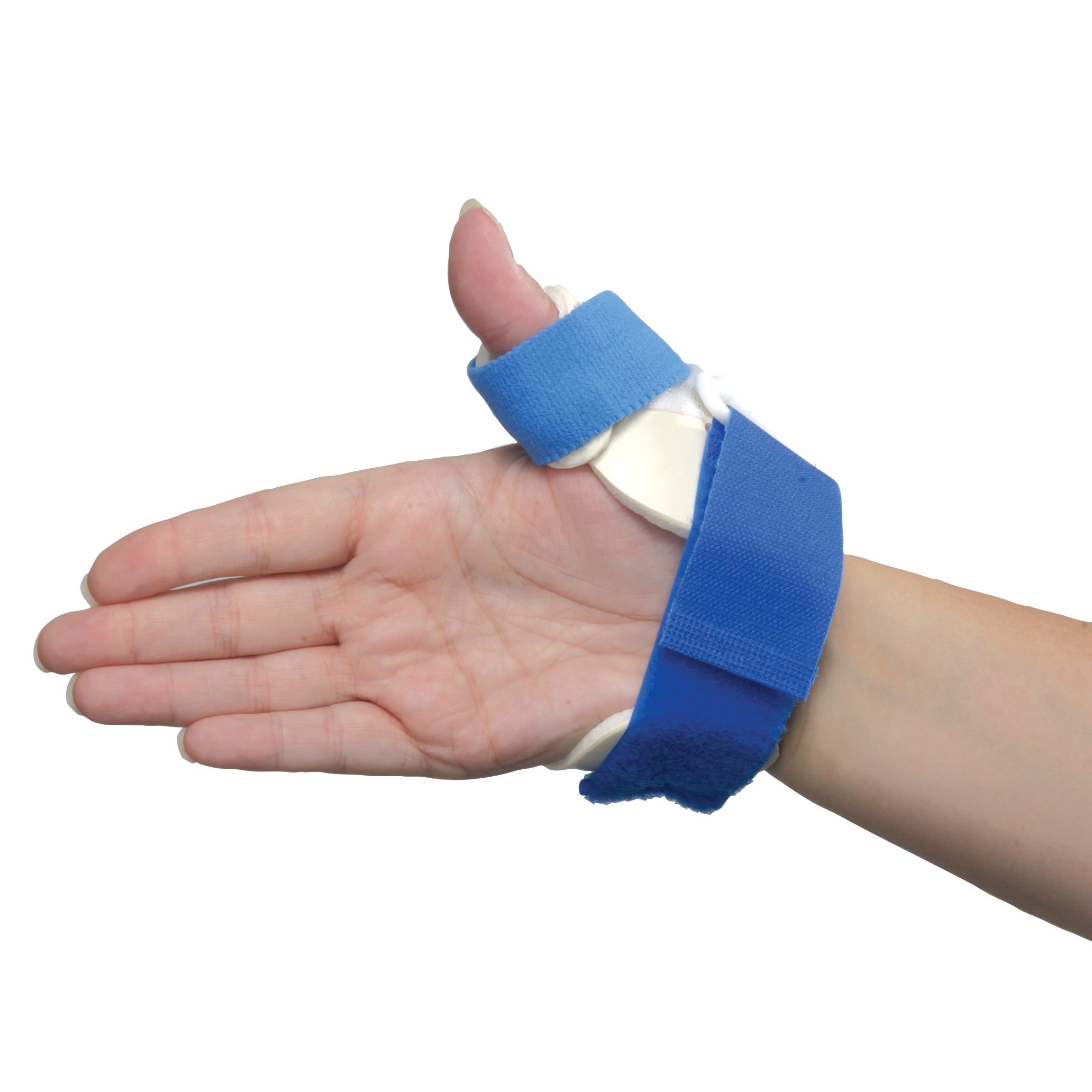 A hand wearing the AliMed FREEDOM Standard ThumbKeeper Splint in blue, supporting the thumb with adjustable straps.