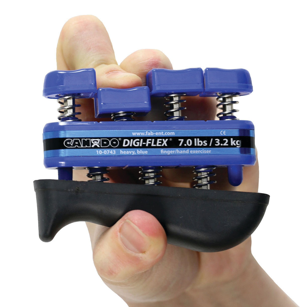 A hand squeezing a CanDo Digi-Flex Hand Exerciser in blue, showing individual spring-loaded buttons for finger resistance training.