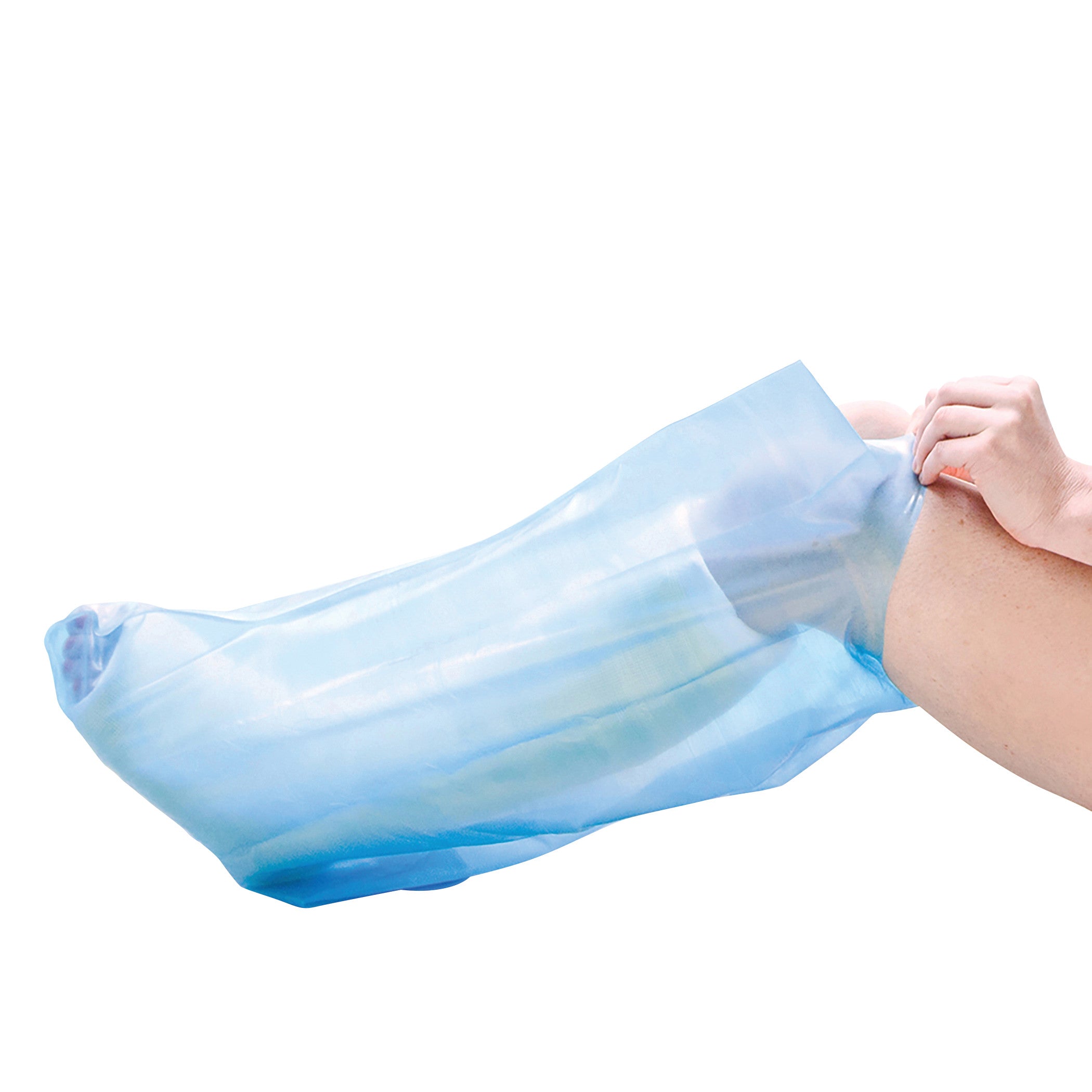 A leg is covered with a Brownmed SEAL-TIGHT Sport Cast Protector, a blue waterproof sleeve for protecting casts or bandages.