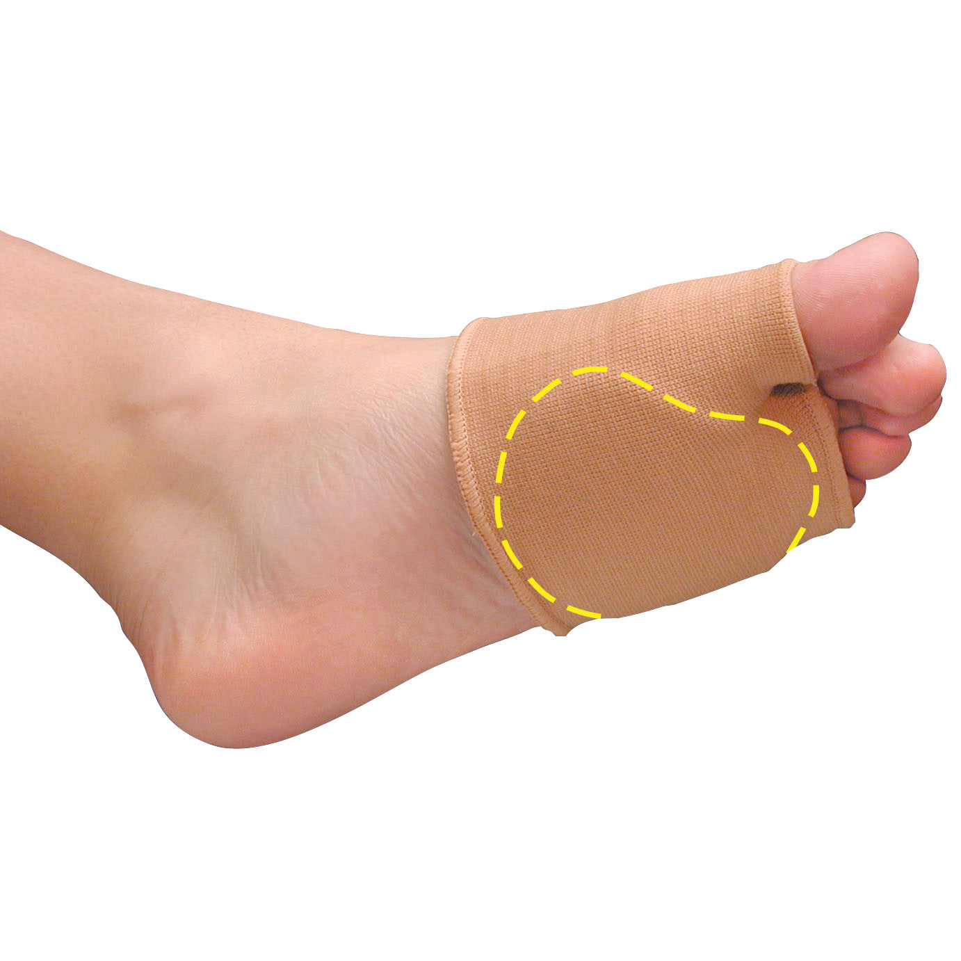 A foot wearing a PediFix Visco-GEL Universal Metatarsal Strap with a highlighted yellow dashed line around the metatarsal area.