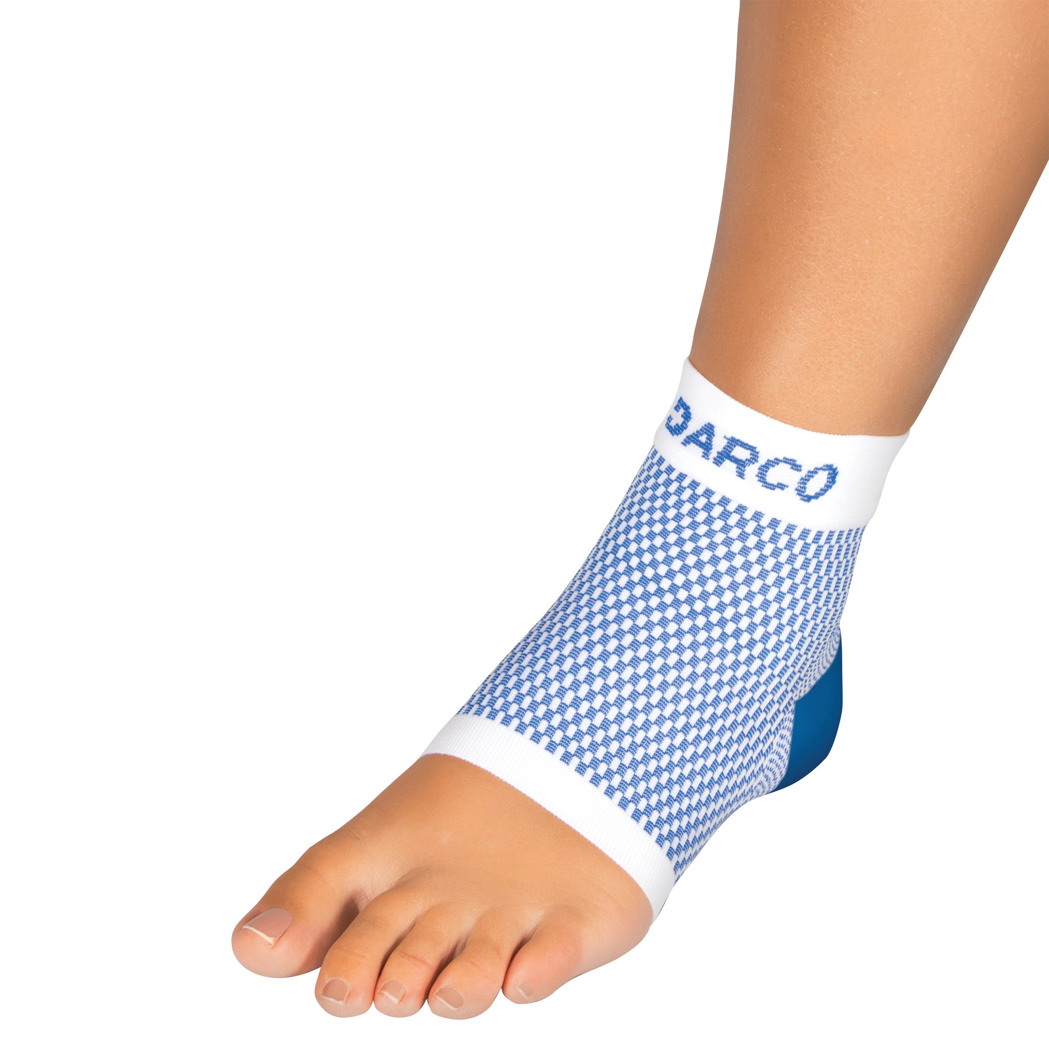 A foot wearing a blue and white checkered DARCO DCS Plantar Fasciitis Sleeve, providing support around the ankle and arch.
