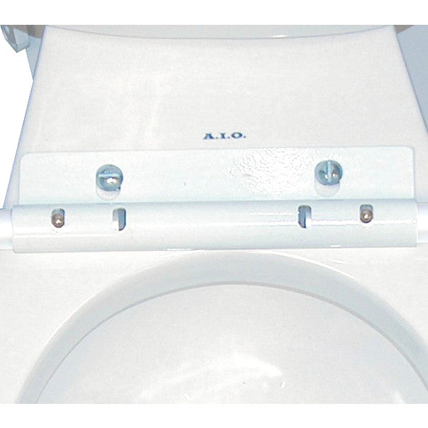The Drive Medical Adjustable Toilet Safety Frame is shown attached to a toilet, featuring white metal supports and adjustable settings.