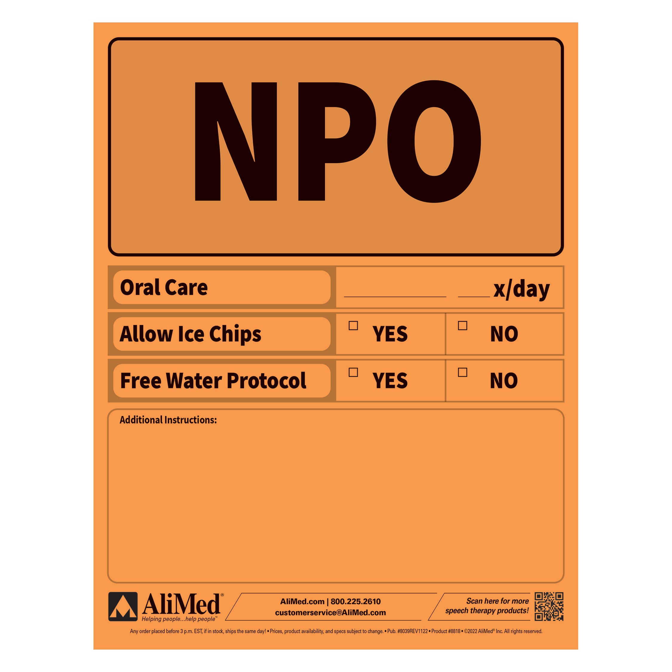 AliMed SwallowGuide sign with sections for oral care, allowing ice chips, free water protocol options, and space for instructions.