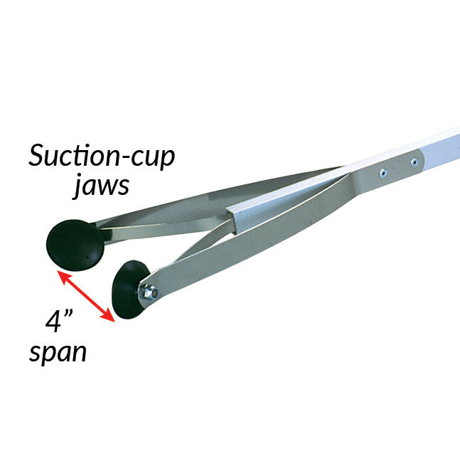 E-Z Reacher with Suction Cups features suction-cup jaws with a 4-inch span, shown extended for gripping.