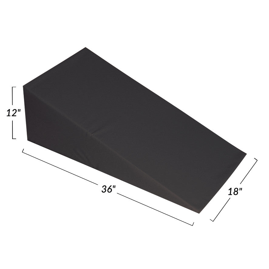 The AliMed Vinyl-Covered 20 Degree Large Wedge Positioner is black, measures 36" x 18" x 12", and is shaped like a wedge.