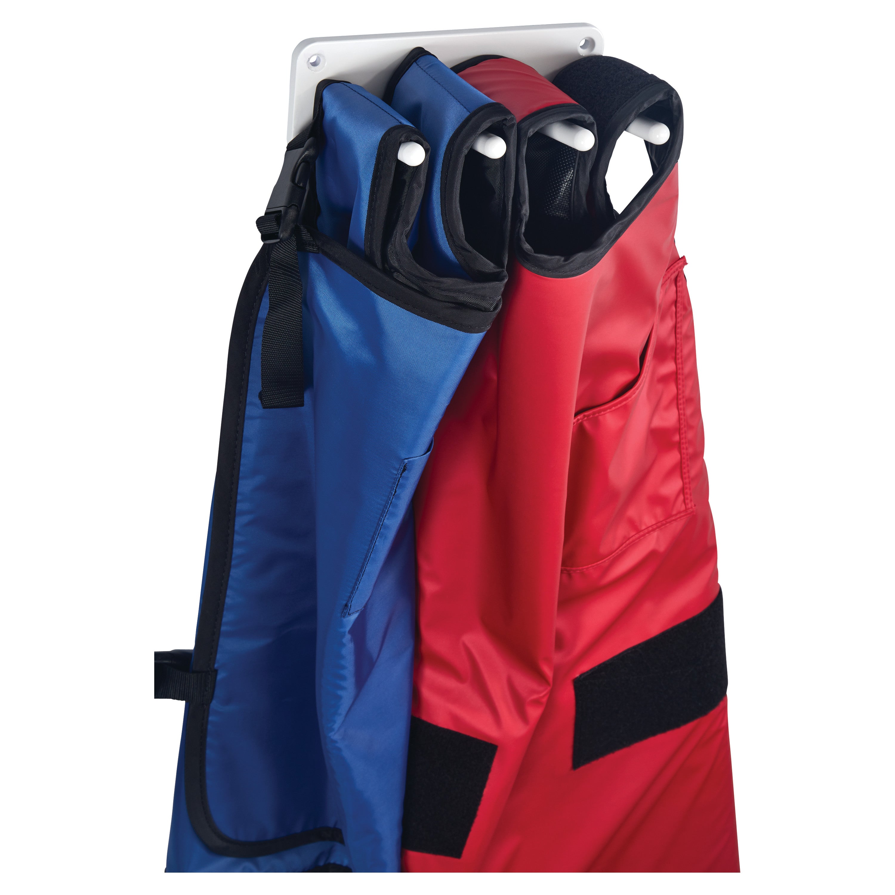 AliMed Wall Apron Rack holds multiple aprons, with blue and red aprons hanging neatly side by side using secured hooks.