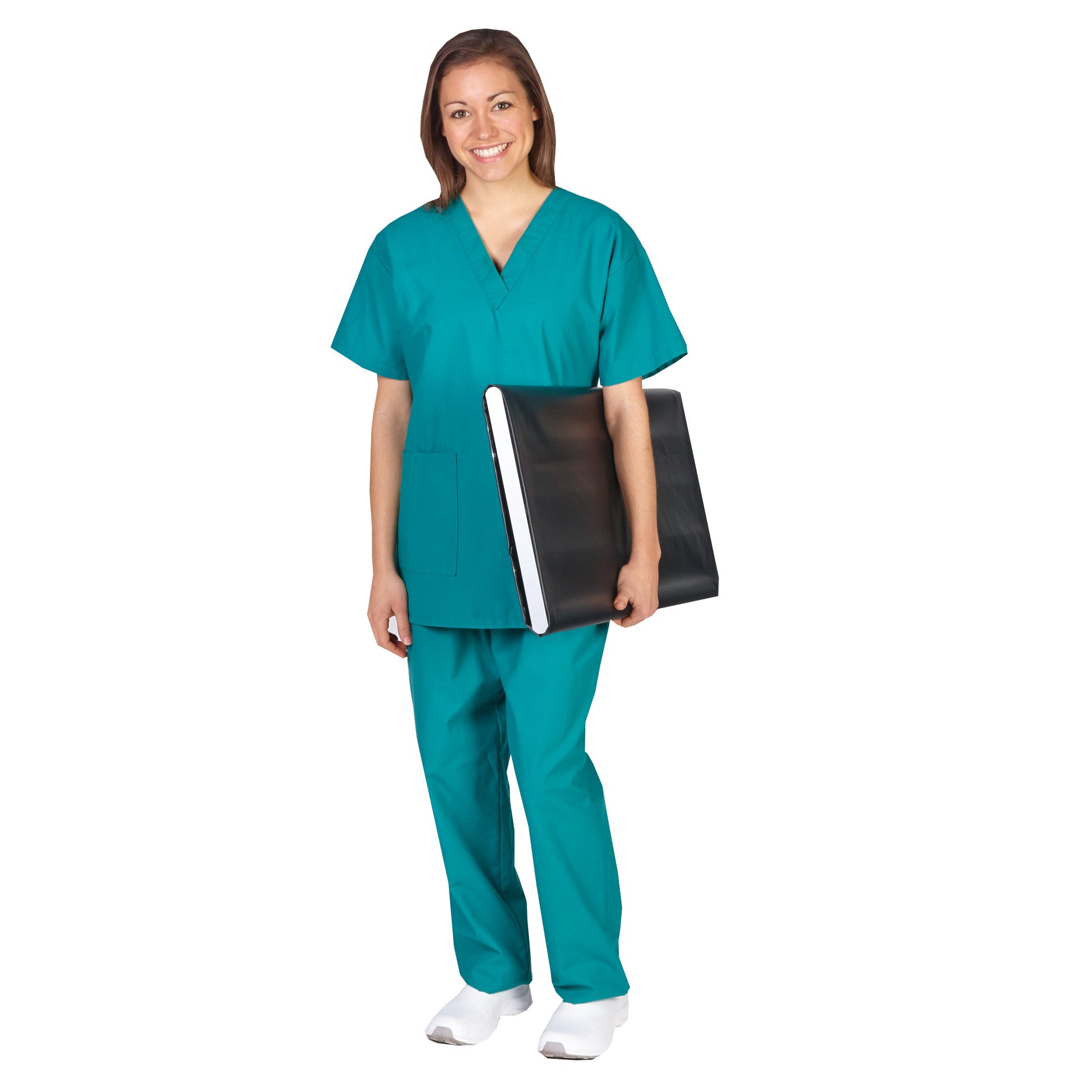 A person in teal scrubs holds an AliMed Patient Roller and Rack Kit, featuring a large, flat, black pad with a white edge.