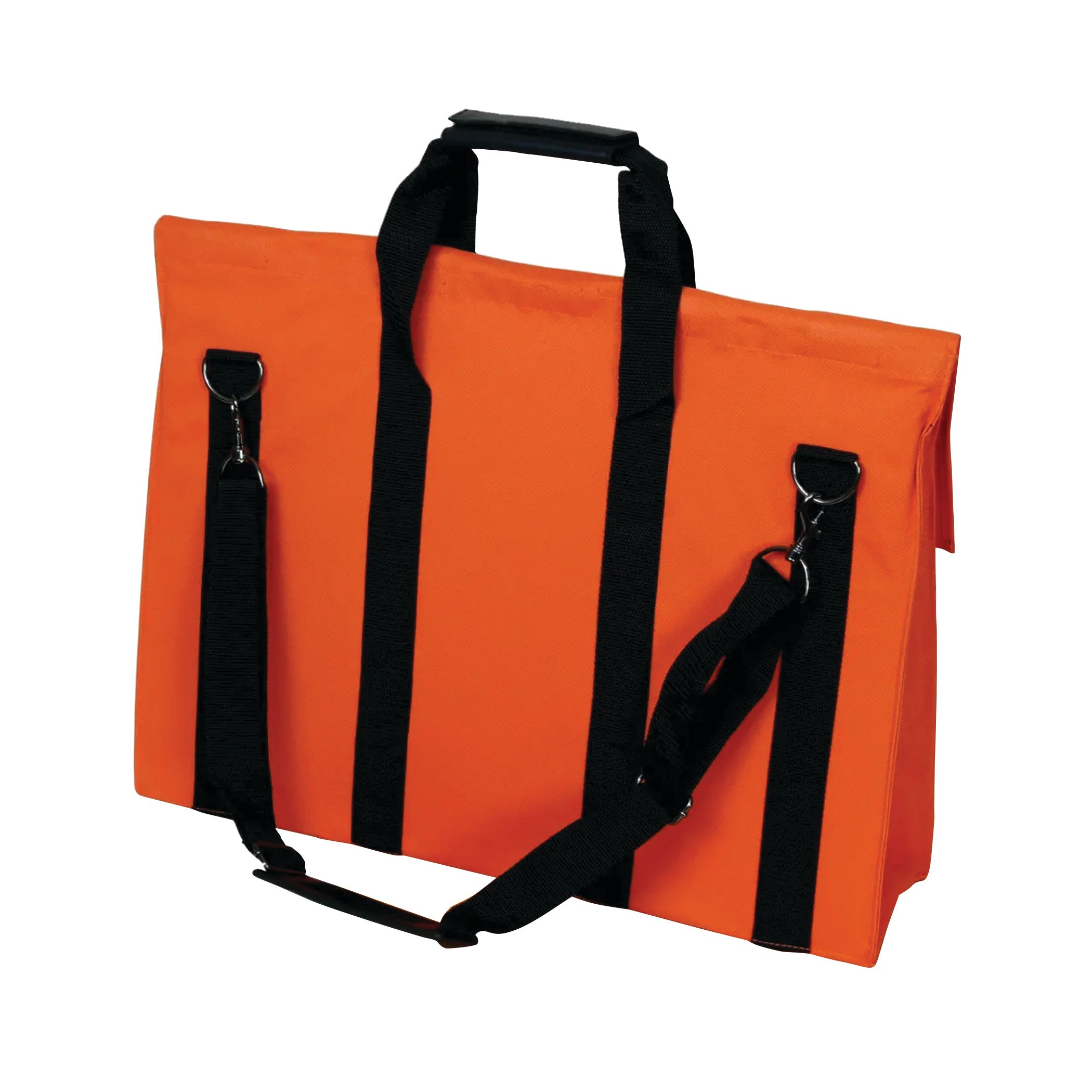 Orange Expandable X-Port X-Ray Portfolio with black straps and handles, featuring a shoulder strap and clips.