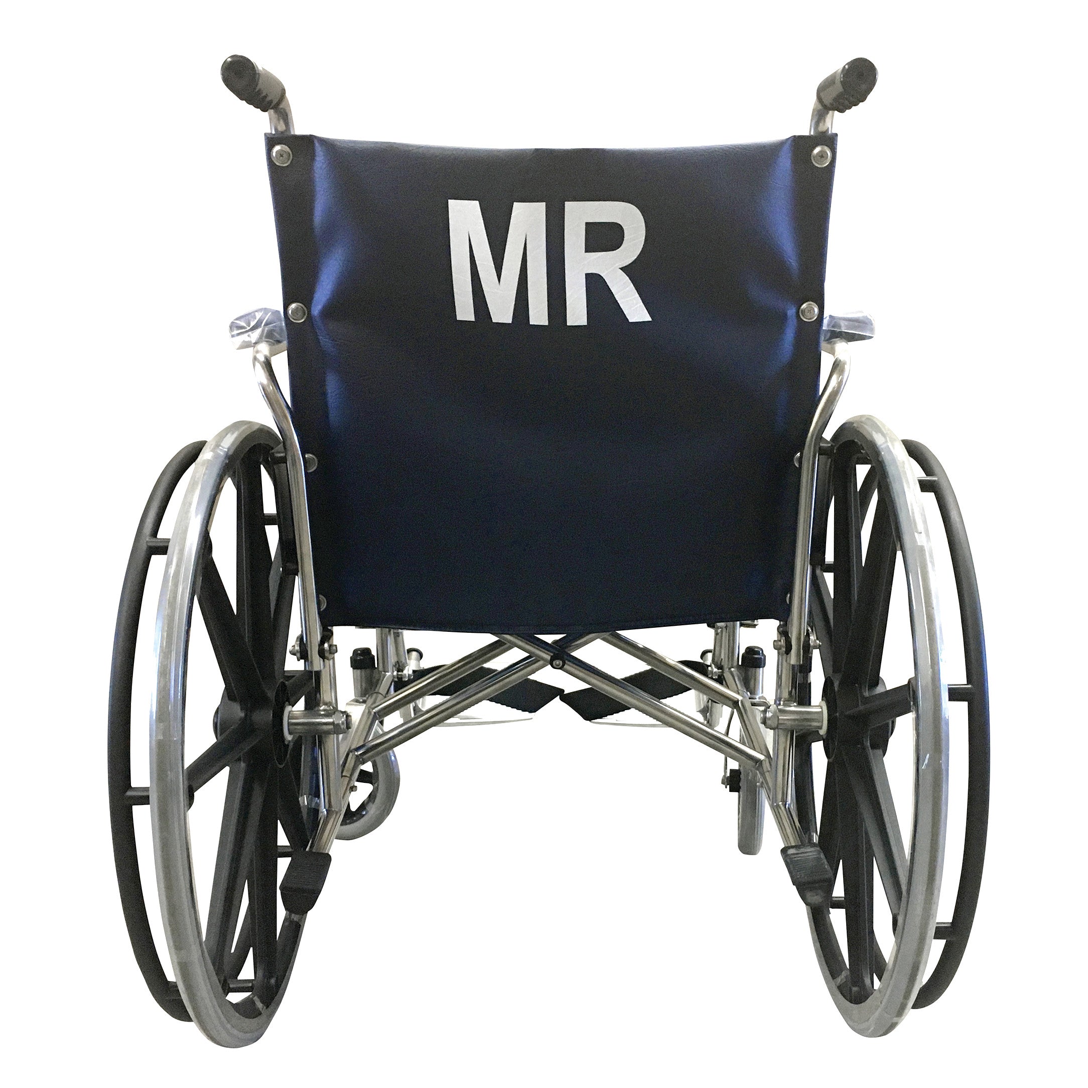 A rear view of the MR-Conditional Wheelchair with Removable Flip-Up Desk Arms and Footrests, featuring large black wheels.