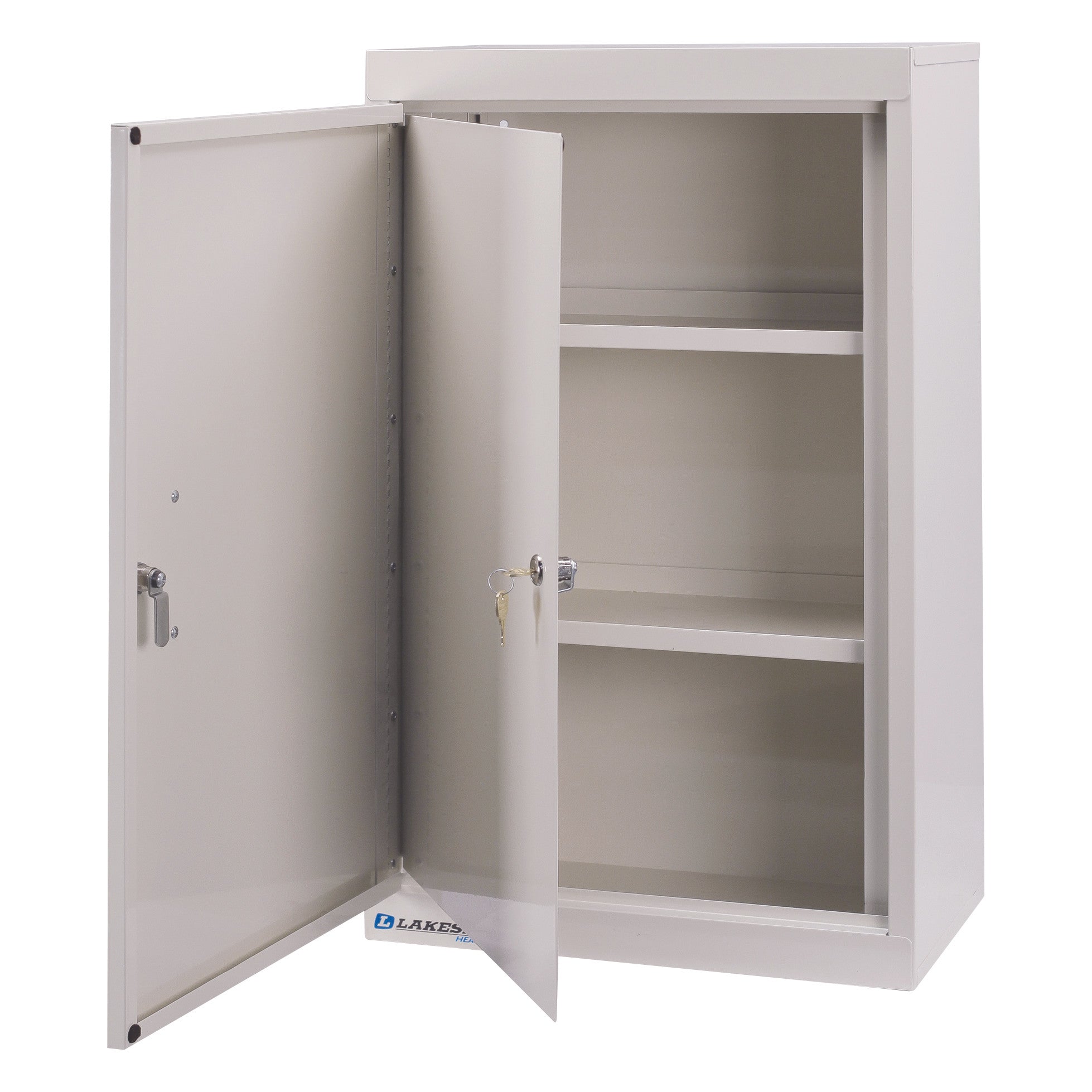 The Lakeside Double-Lock Narcotics Box is a beige metal cabinet with two shelves and an open door with keys in the lock.