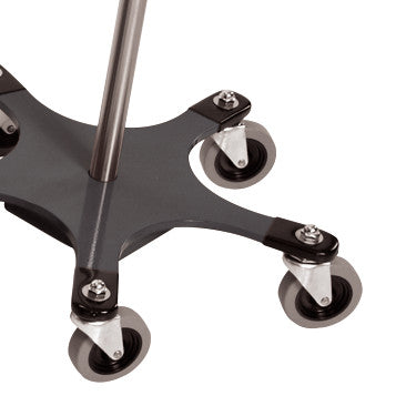 Five-Leg Color-Coded Space-Saving IV Pole base with four caster wheels on a black metal frame and a central metal pole.