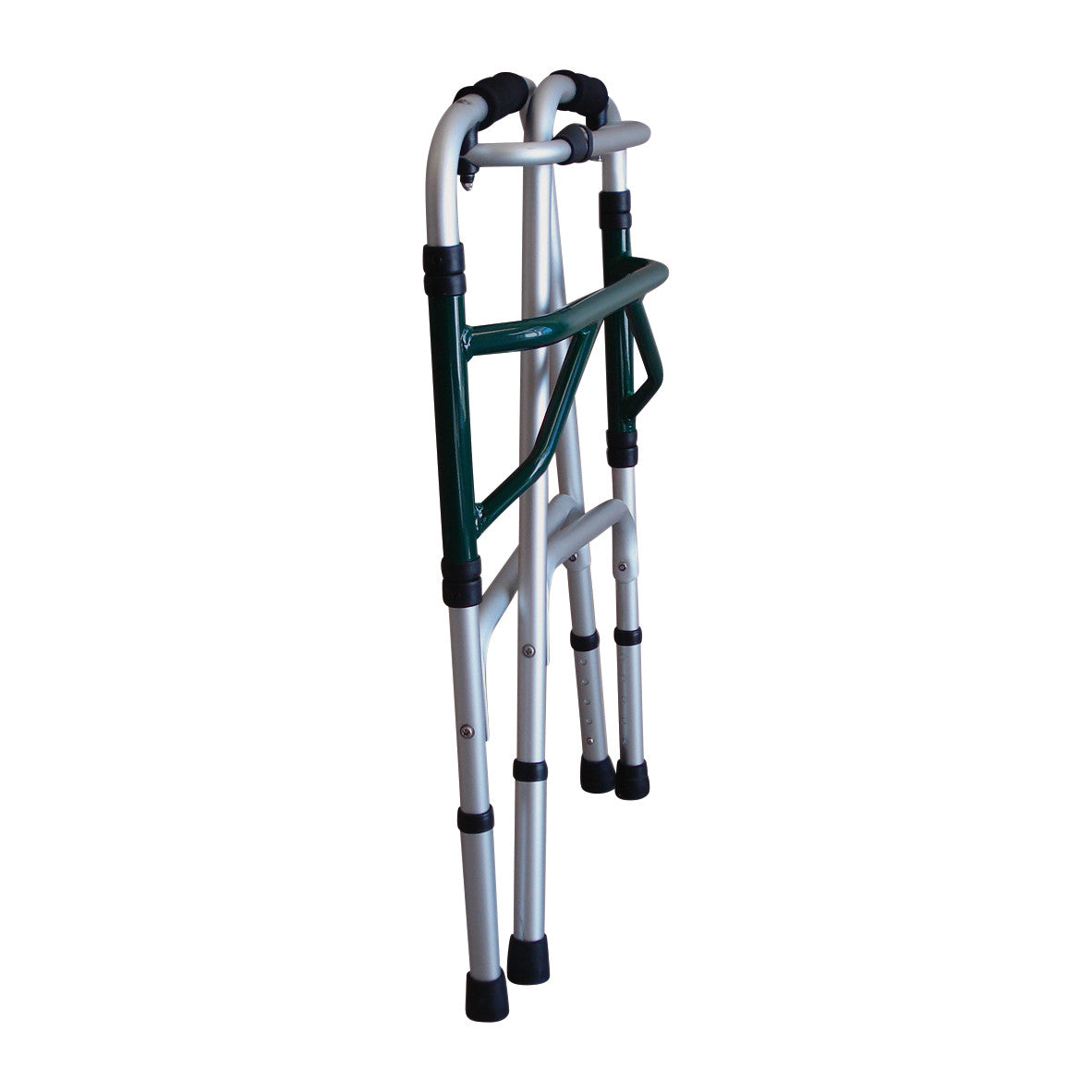 A folded Folding Adjustable-Height Walker featuring a lightweight frame with ergonomic handles and rubber-tipped legs.