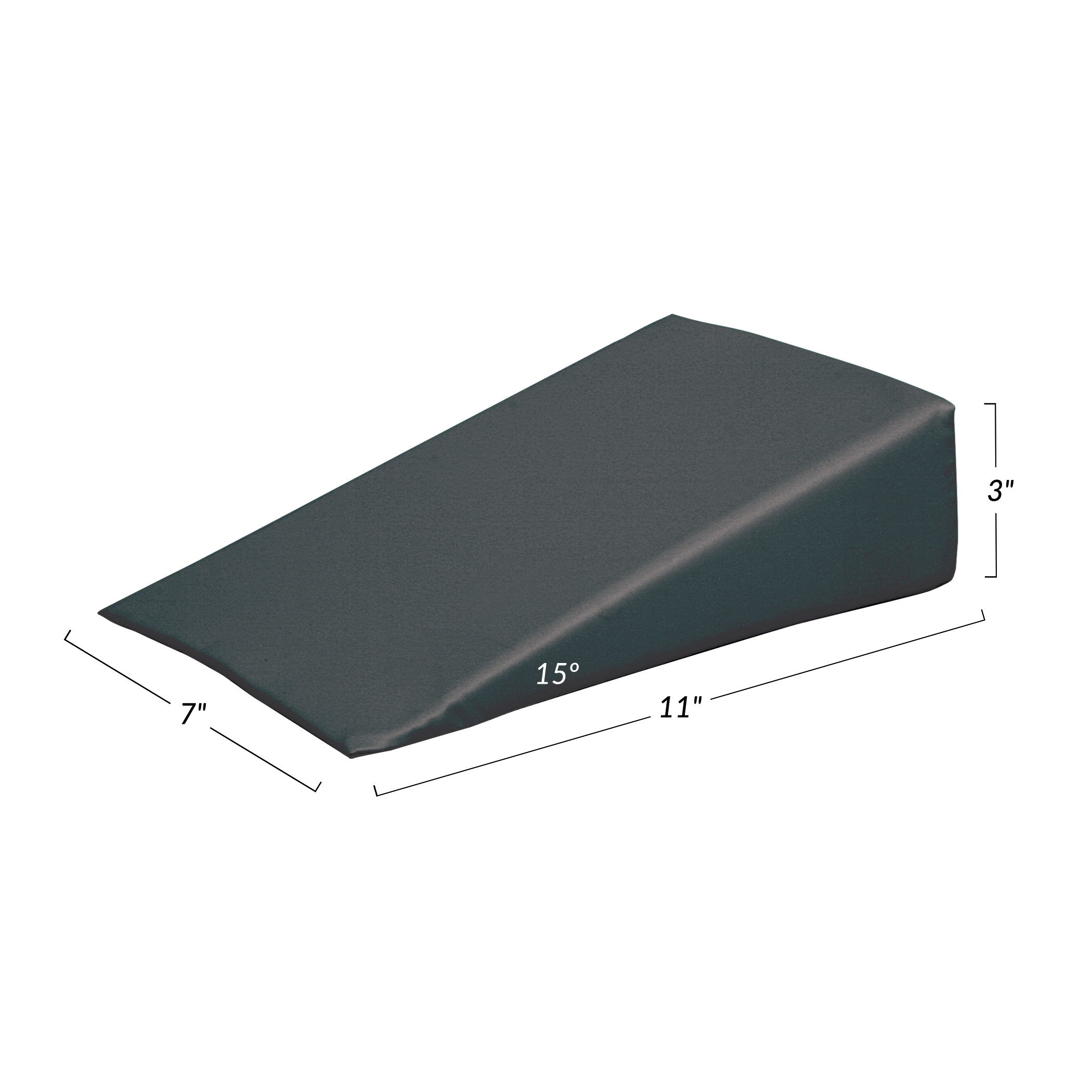 AliMed Vinyl-Covered 15 Degree Small Wedge Positioner, 11"x7"x3", is a dark wedge pillow angled at 15 degrees.