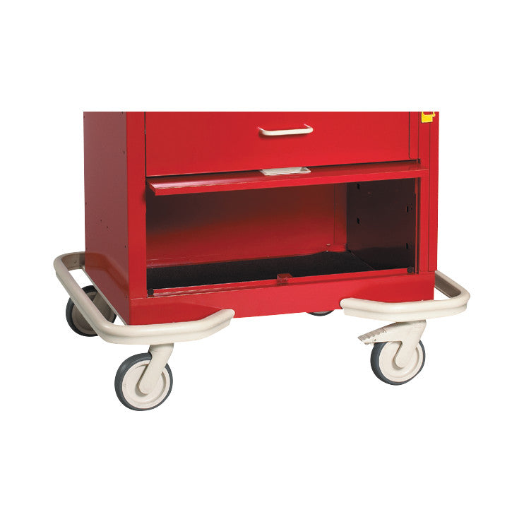 AliMed Standard Series 5-Drawer Emergency Cart with Bottom Panel, shown in red with white handles and casters. Bottom drawer open.