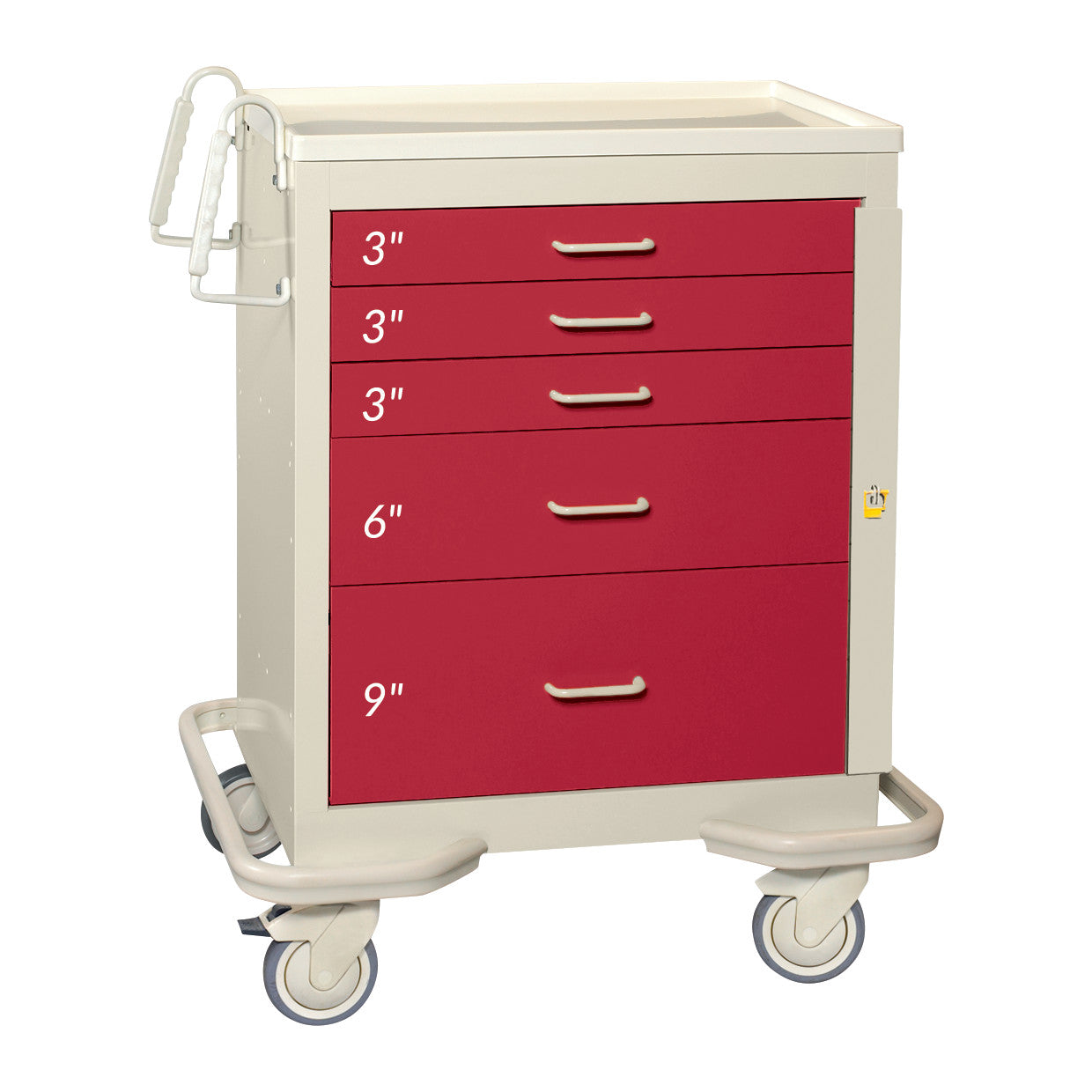 AliMed Standard Series 5-Drawer Emergency Cart with red drawers of varying sizes on wheels, equipped with side handles.