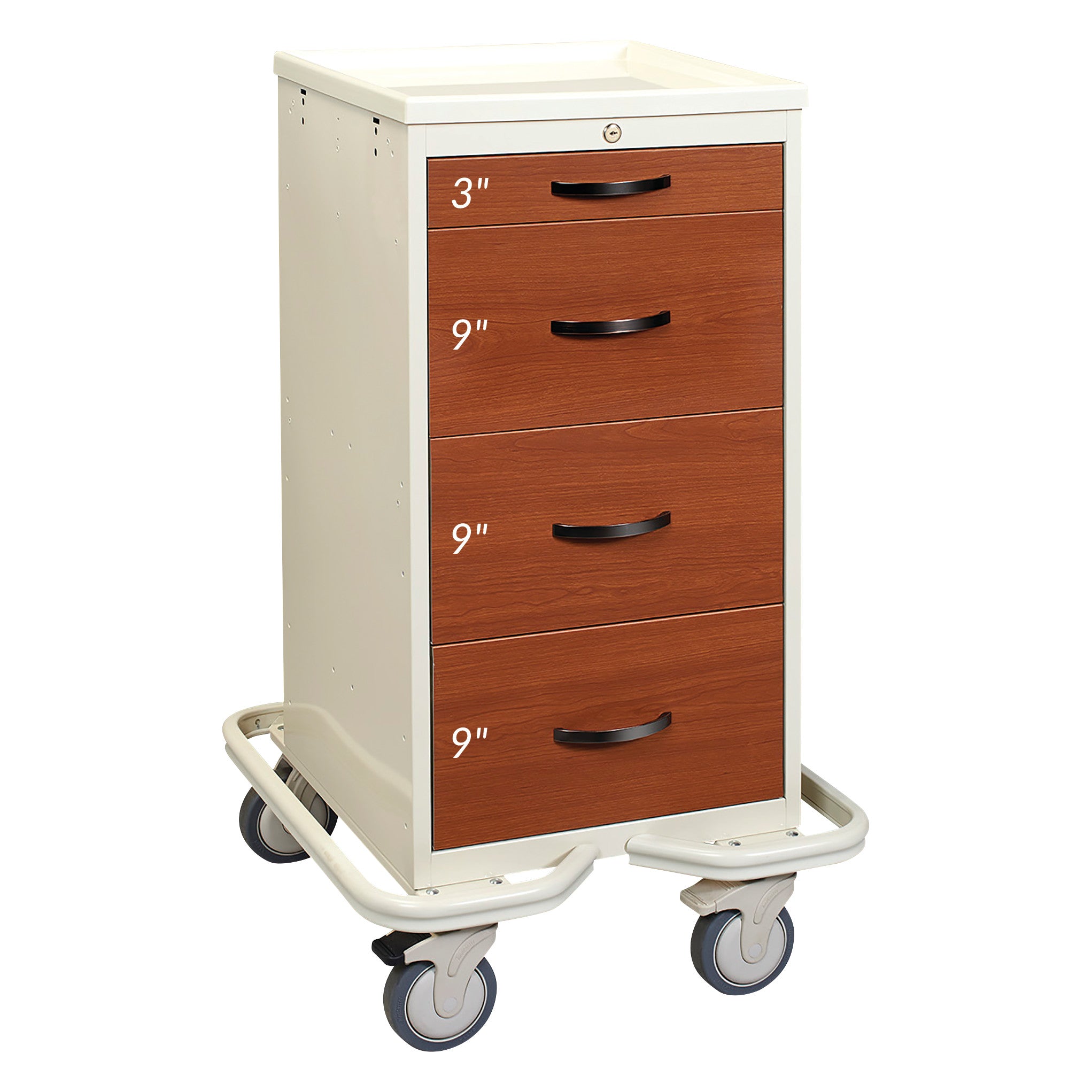 AliMed Mini Series 4-Drawer Wood-Look Tower Cart with three 9" drawers, one 3" drawer, and wheels, featuring a wood finish.