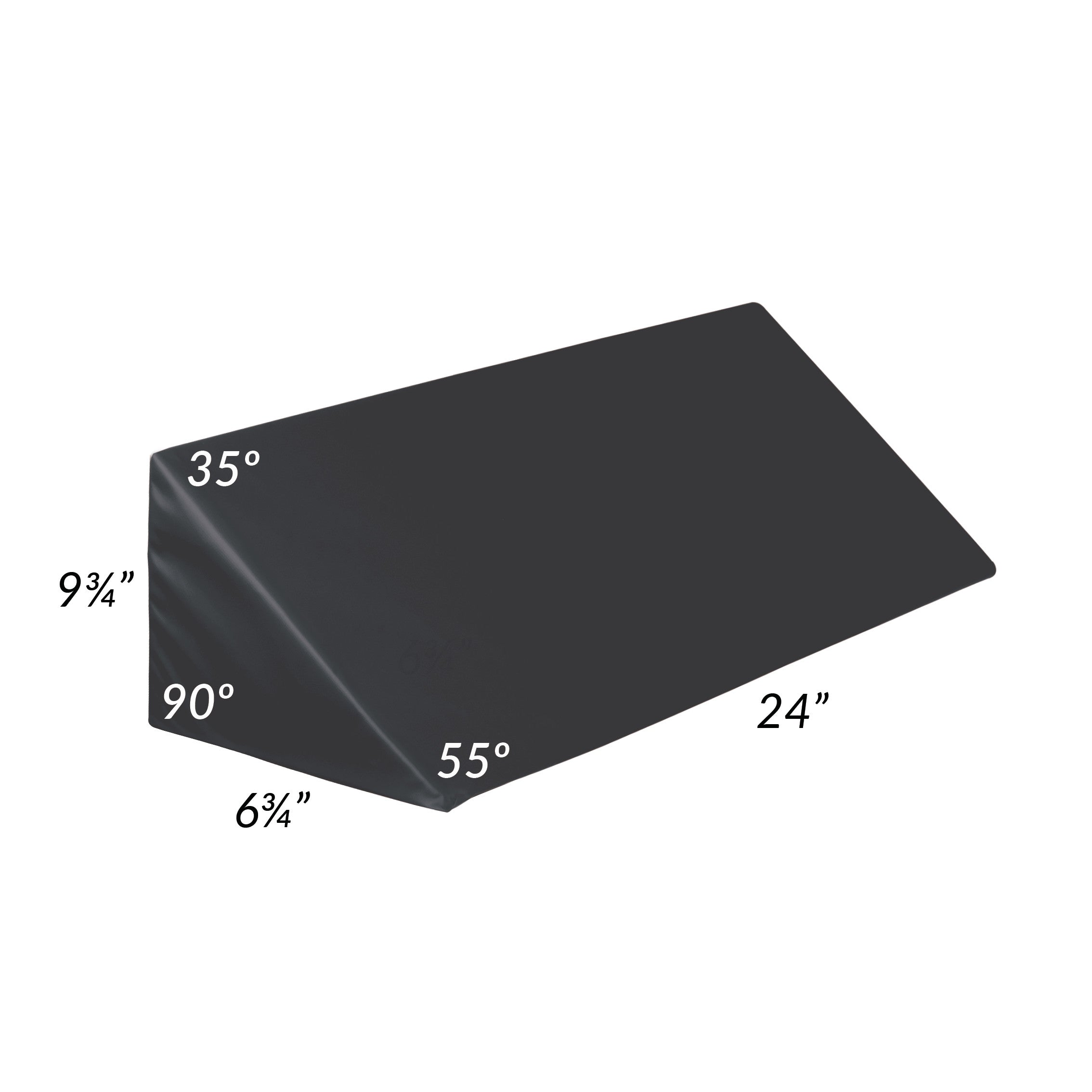 The AliMed Vinyl-Covered 55 Degree Large Wedge Positioner is a black wedge measuring 9�" high, 6�" wide, and 24" long with labeled angles.