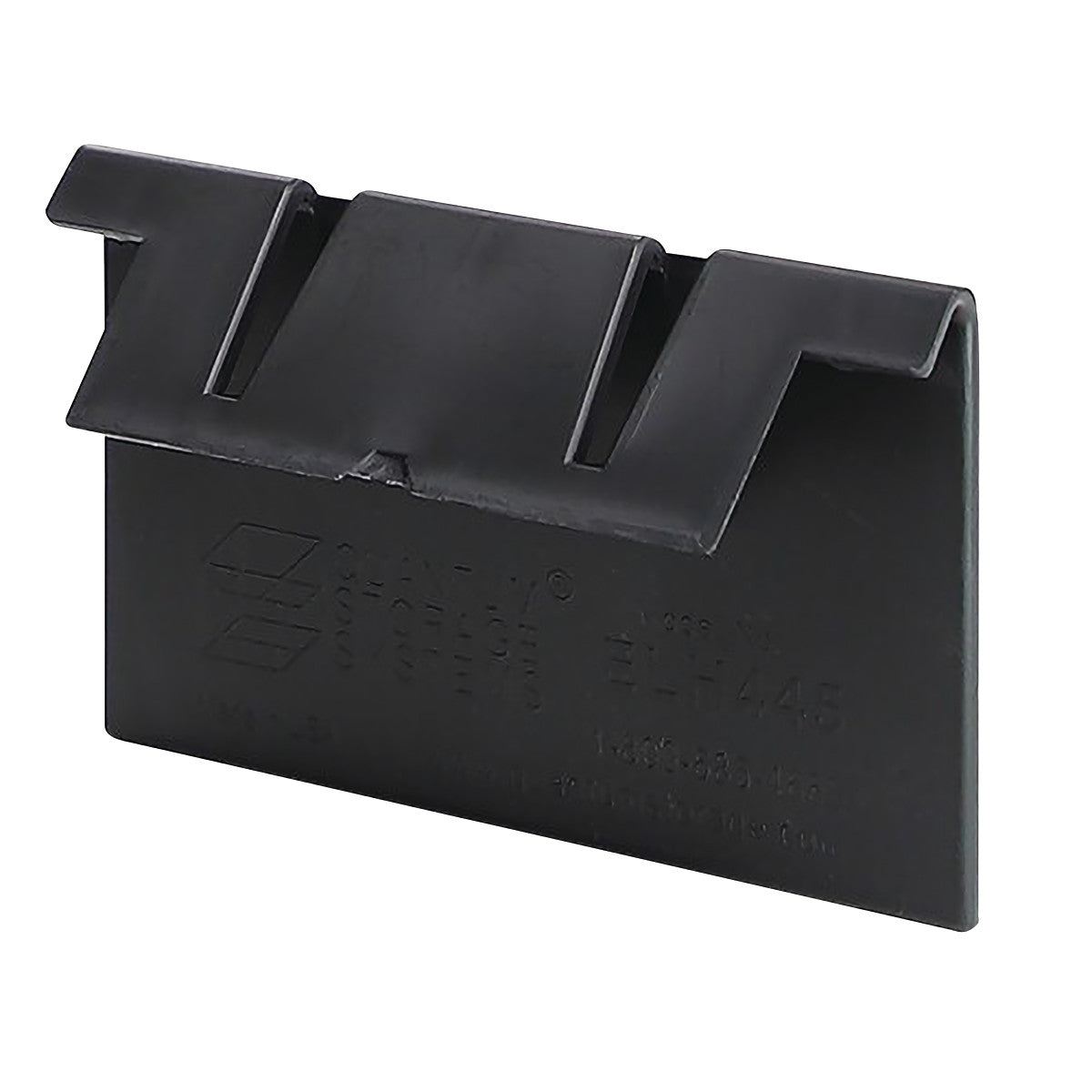 Black extended label holder for Quantum Economy Shelf Bin with three slots for labels.