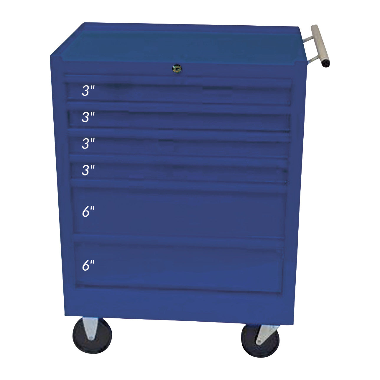 AliMed 6-Drawer Economy Treatment Cart with Push Handle, blue with labeled drawer sizes, on four wheels, and a top handle.