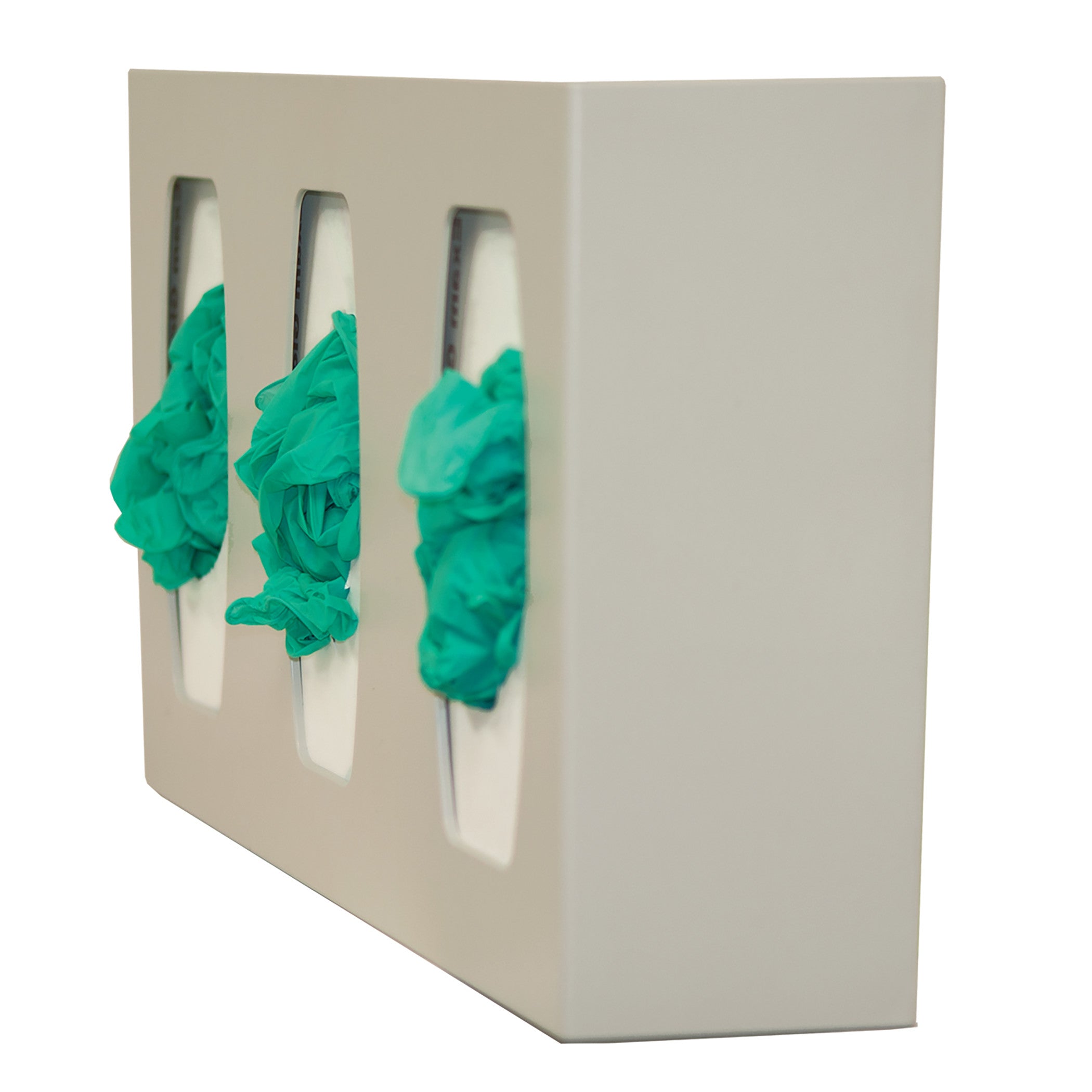 Bowman Triple Glove Box Dispenser with Dividers, holding green gloves, designed for wall mounting and organized storage.